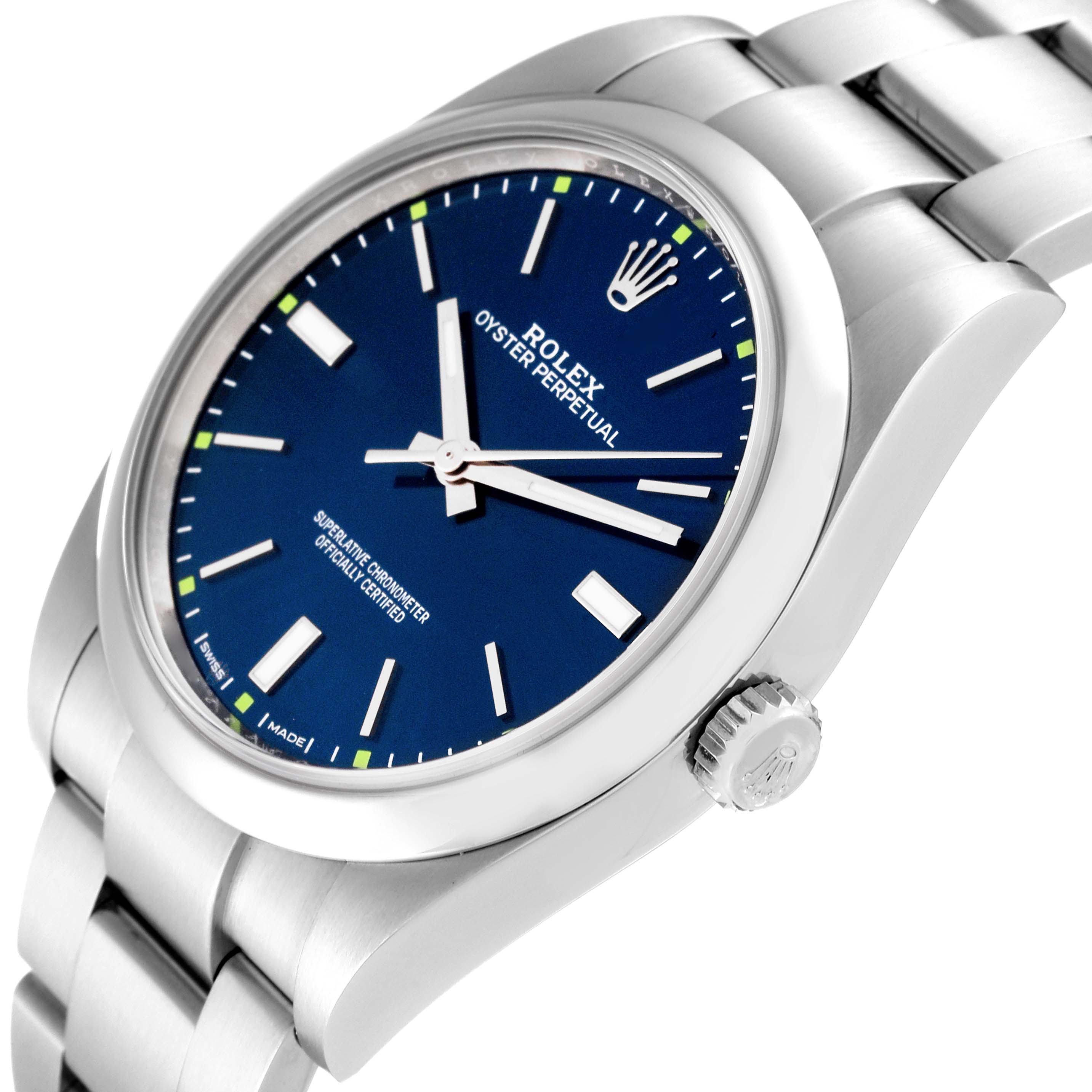 The image shows a side angle of the Rolex Oyster Perpetual 114300 Men's Stainless Steel Blue Dial 114300 Men's Stainless Steel Blue Dial watch, highlighting the dial, crown, and part of the bracelet.