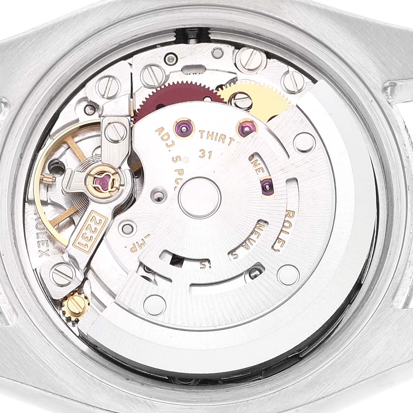 This image shows the inner mechanism and movement components of a Rolex Oyster Perpetual 176200 Women's Stainless Steel Silver Dial 176200 Women's Stainless Steel Silver Dial watch from a back angle.