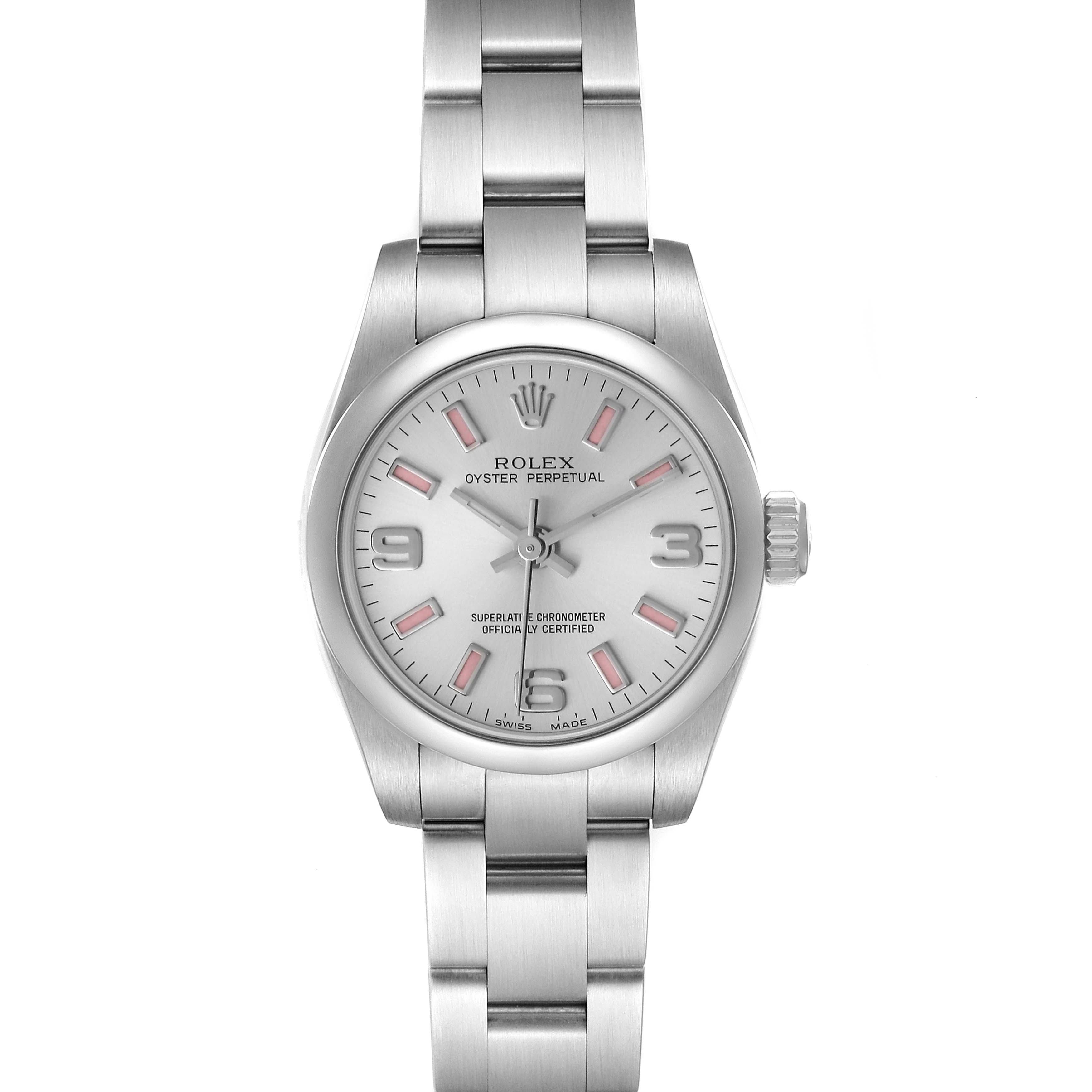 The image shows a front view of a Rolex Oyster Perpetual 176200 Women's Stainless Steel Silver Dial 176200 Women's Stainless Steel Silver Dial watch, highlighting its dial, case, and bracelet.