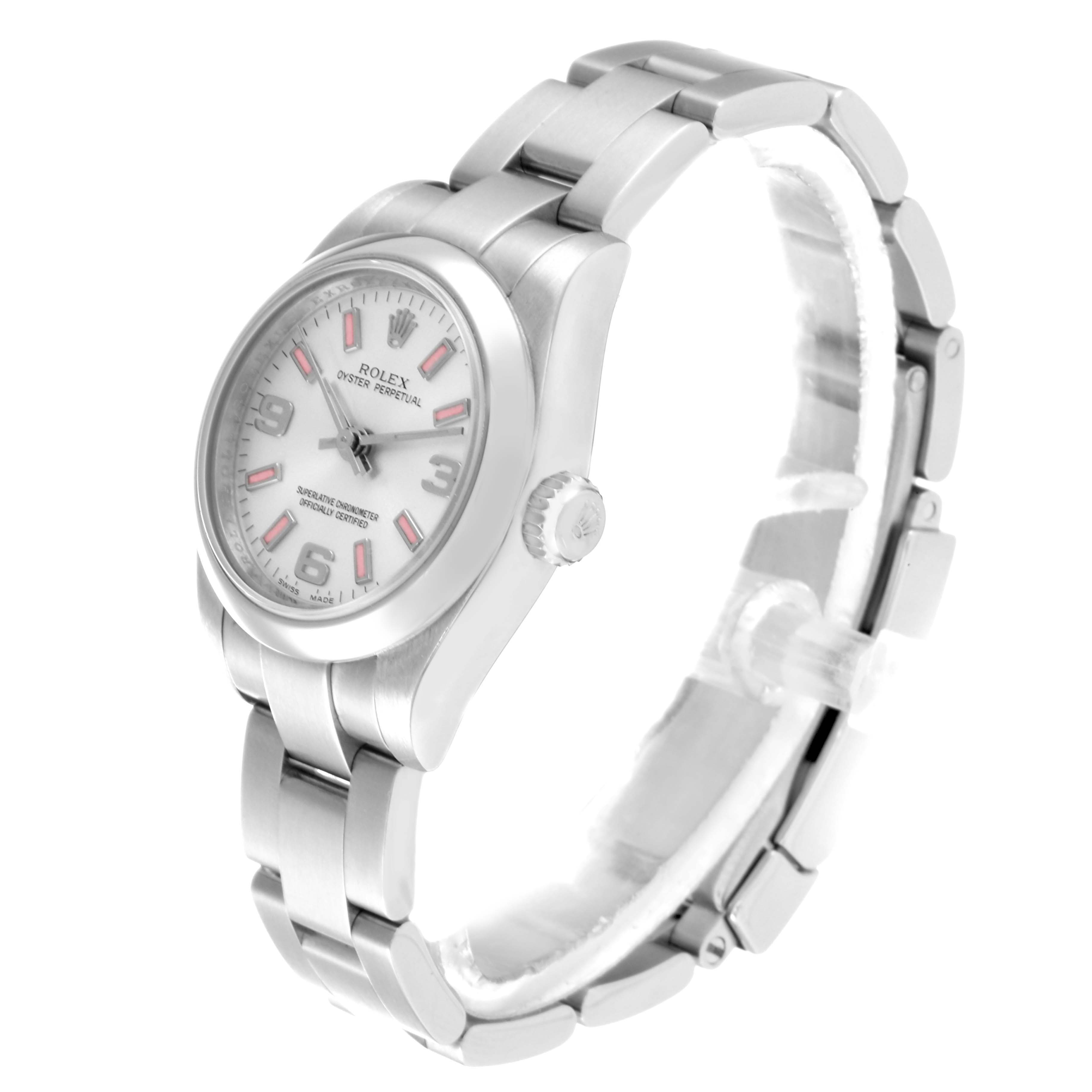 The Rolex Oyster Perpetual 176200 Women's Stainless Steel Silver Dial 176200 Women's Stainless Steel Silver Dial watch is shown at a slight angle, highlighting the face, bezel, bracelet, and crown.