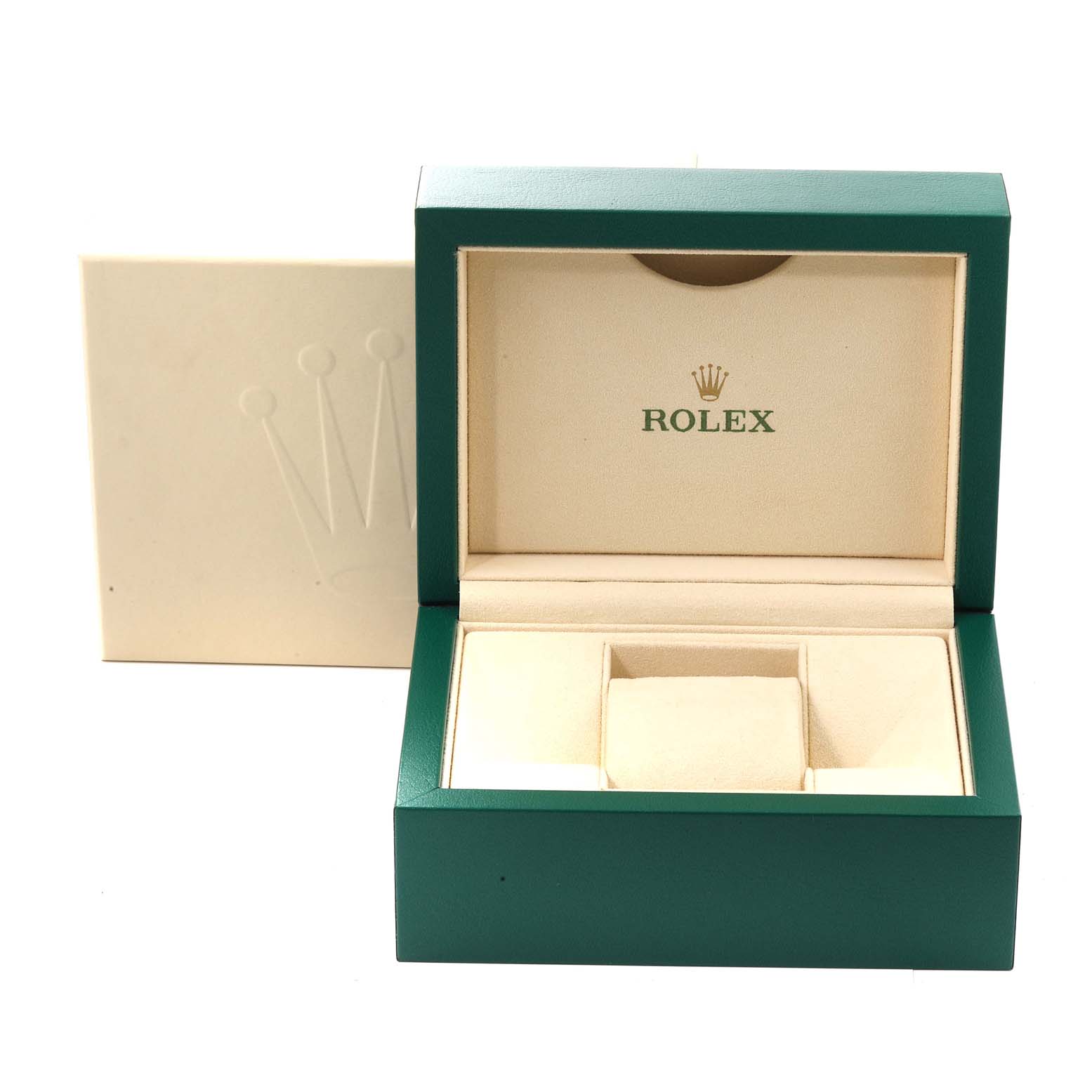The image shows an open green and beige Rolex box for an Oyster Perpetual model, displaying the inner compartments and the brand logo.