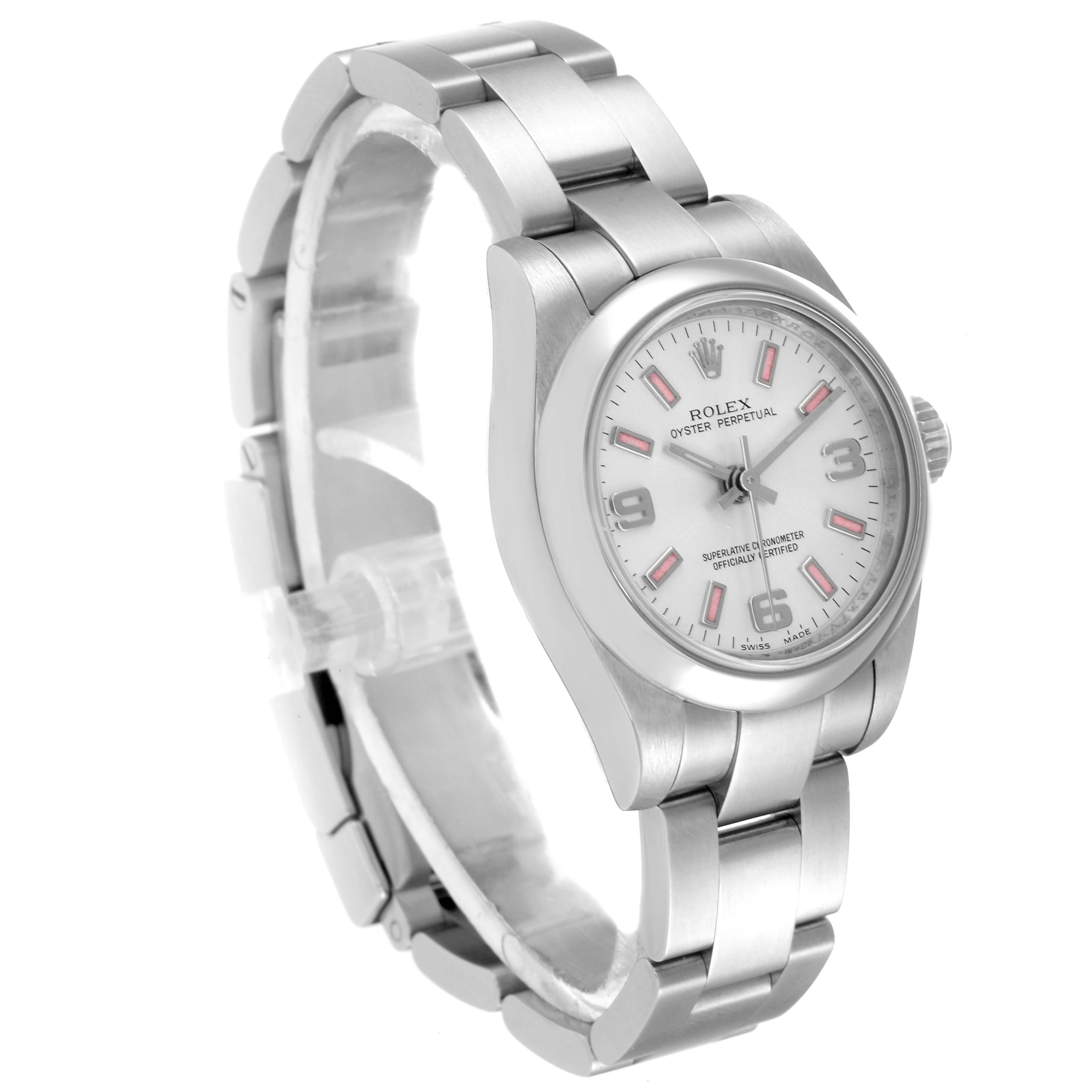 This Rolex Oyster Perpetual 176200 Women's Stainless Steel Silver Dial 176200 Women's Stainless Steel Silver Dial watch is shown at an angled view, displaying its face, bezel, bracelet, and clasp.