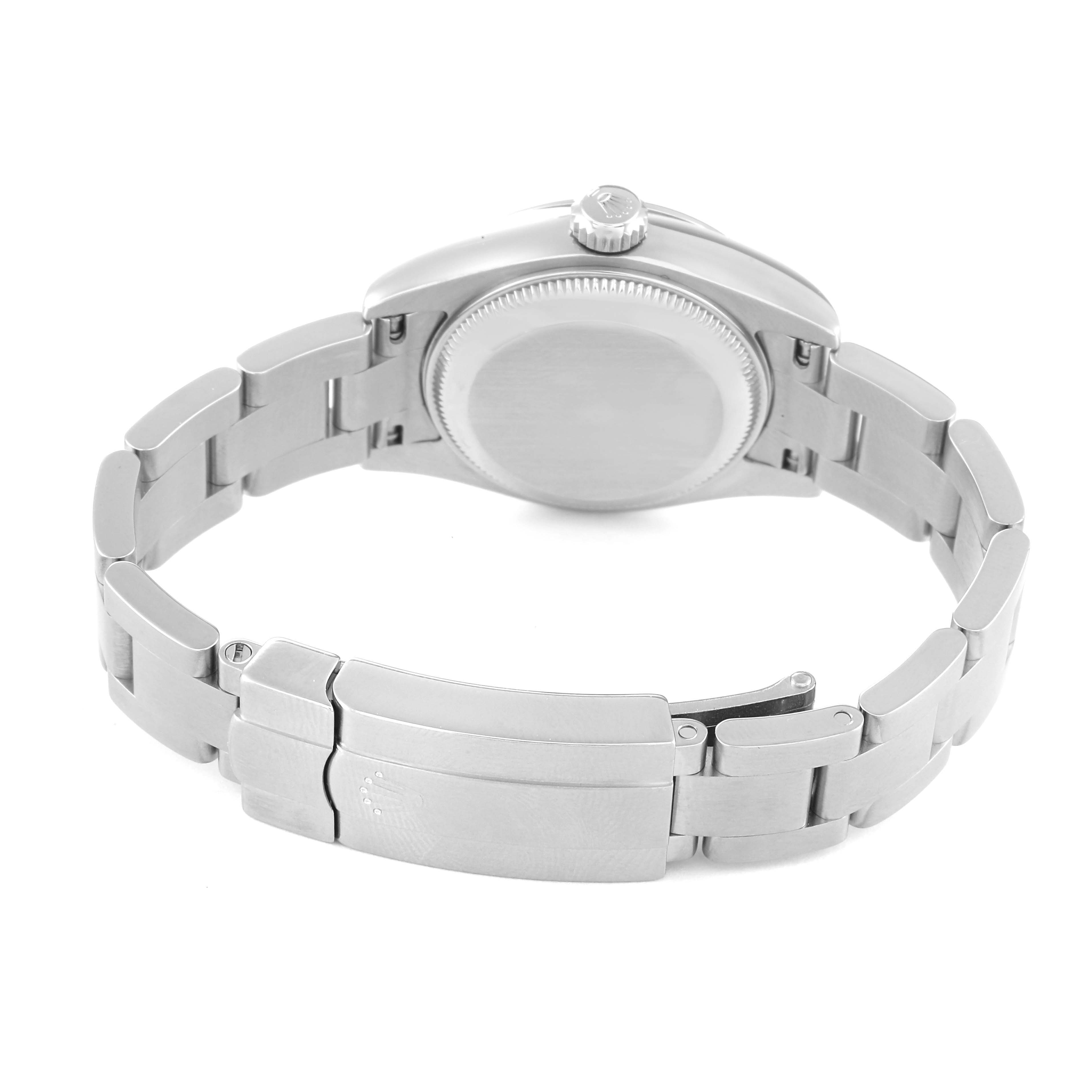 This image shows the back case and bracelet of a Rolex Oyster Perpetual 176200 Women's Stainless Steel Silver Dial 176200 Women's Stainless Steel Silver Dial watch from a top-down angle.