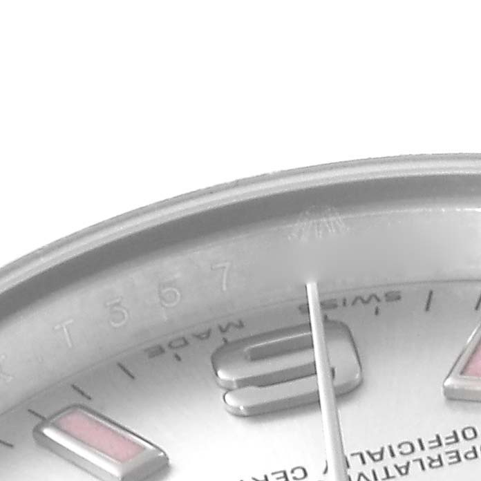 This image shows a close-up of the dial and bezel of a Rolex Oyster Perpetual 176200 Women's Stainless Steel Silver Dial 176200 Women's Stainless Steel Silver Dial watch, viewed from an angled perspective.
