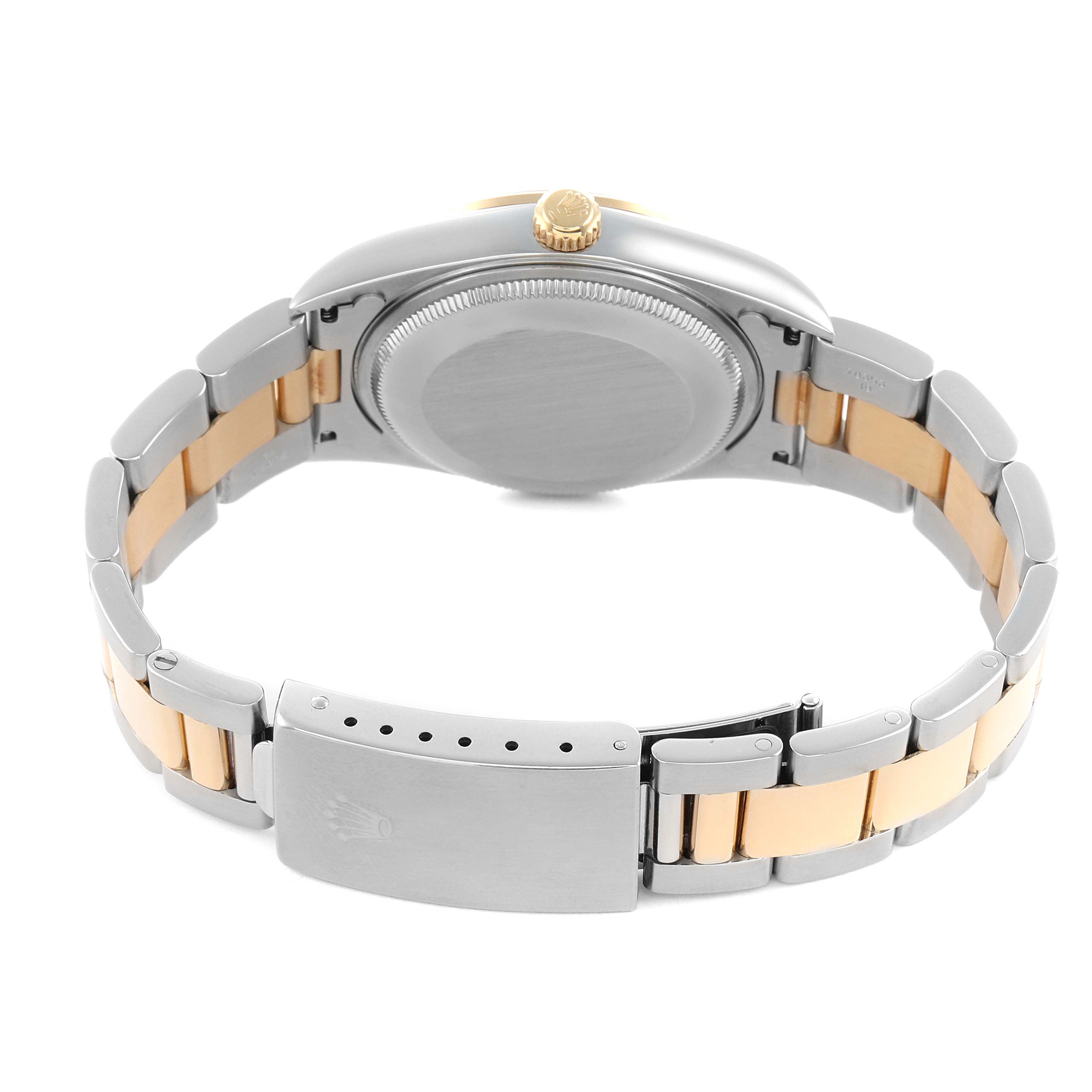 The image shows the back of a Rolex Oyster Perpetual 14203 Men's Steel and Gold (two tone) Grey Dial watch, highlighting the case back, crown, and two-tone bracelet with clasp.
