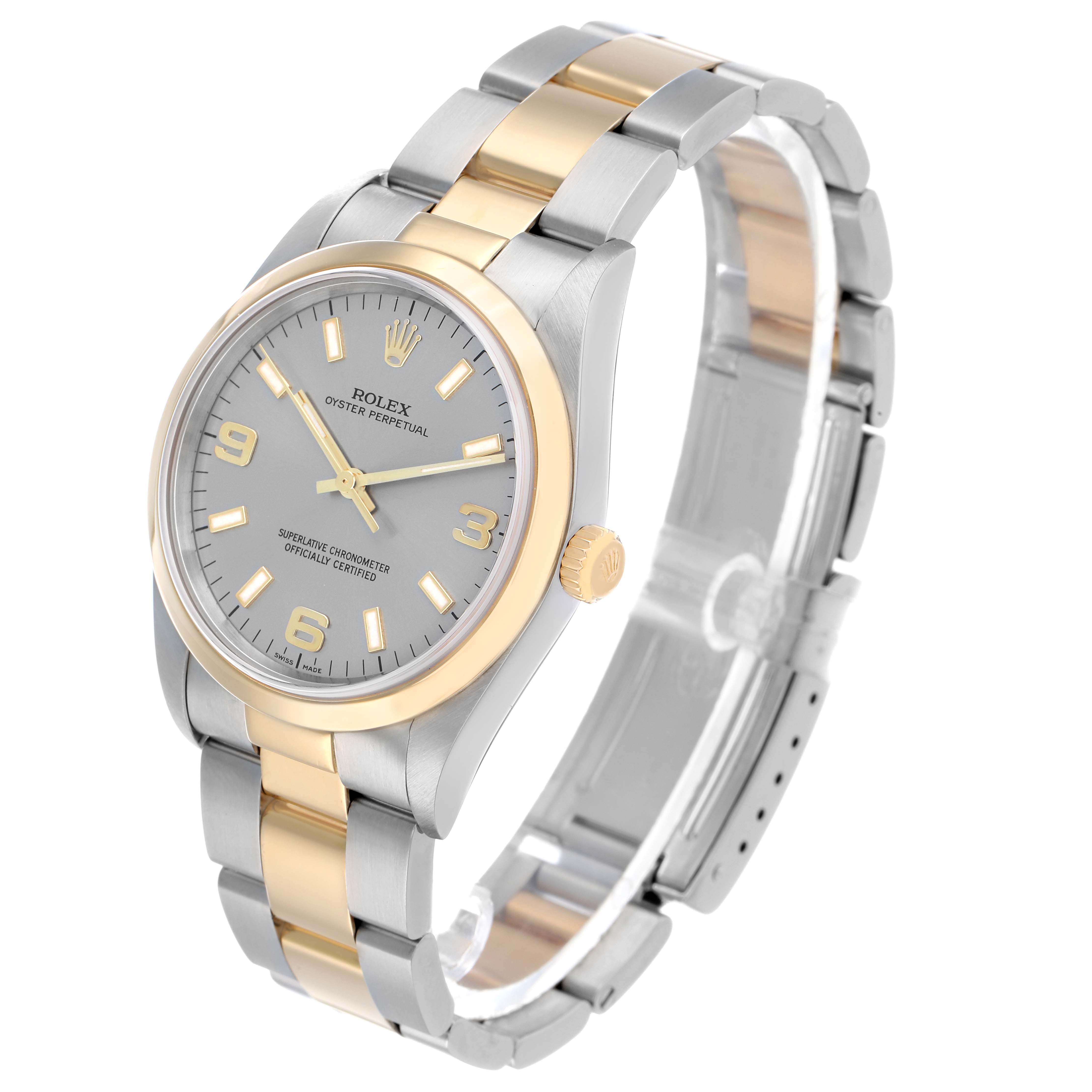 The Rolex Oyster Perpetual 14203 Men's Steel and Gold (two tone) Grey Dial watch is shown at a three-quarter angle, displaying the face, bezel, and bracelet.