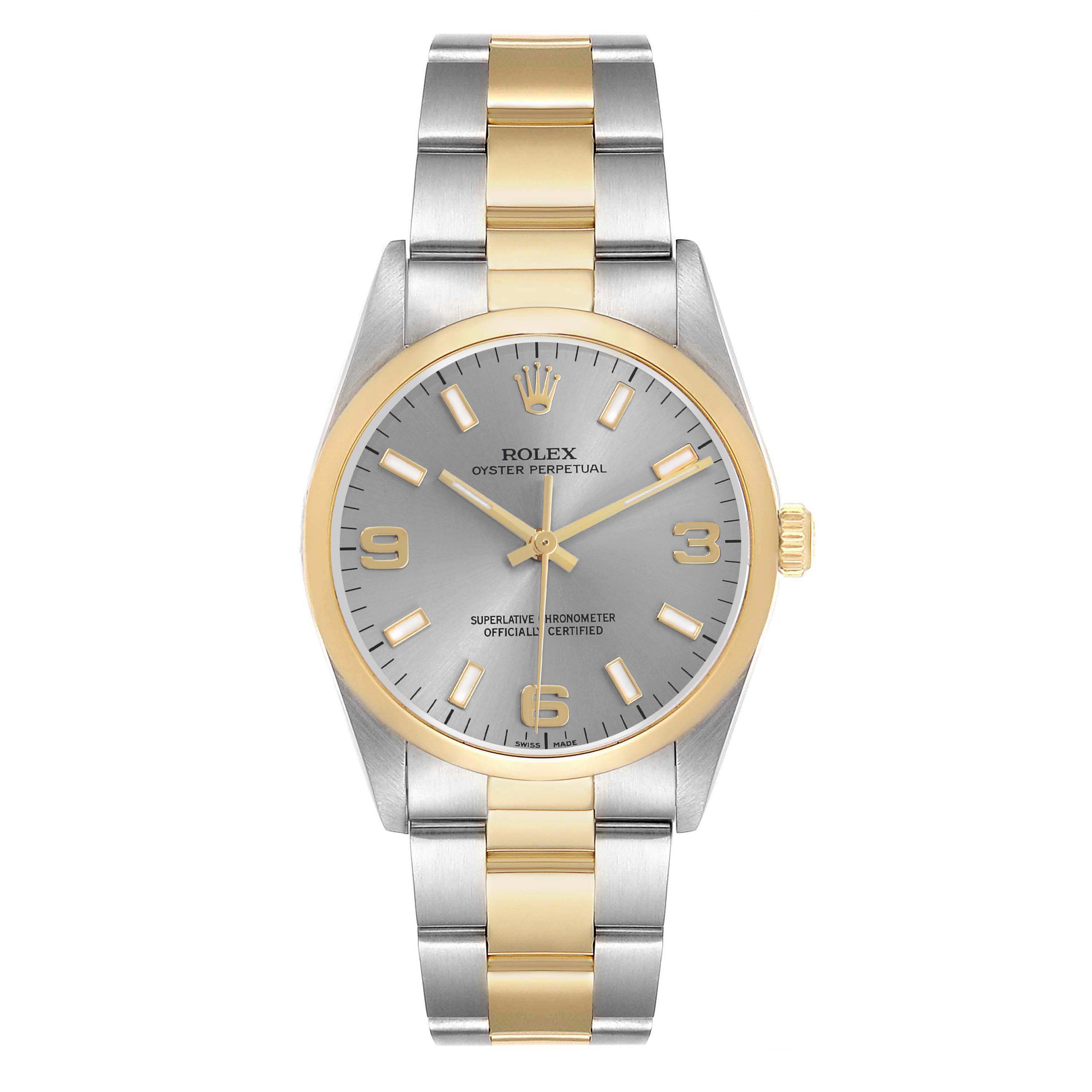 The Rolex Oyster Perpetual 14203 Men's Steel and Gold (two tone) Grey Dial watch is shown from the front, displaying the dial, bezel, and two-tone bracelet.