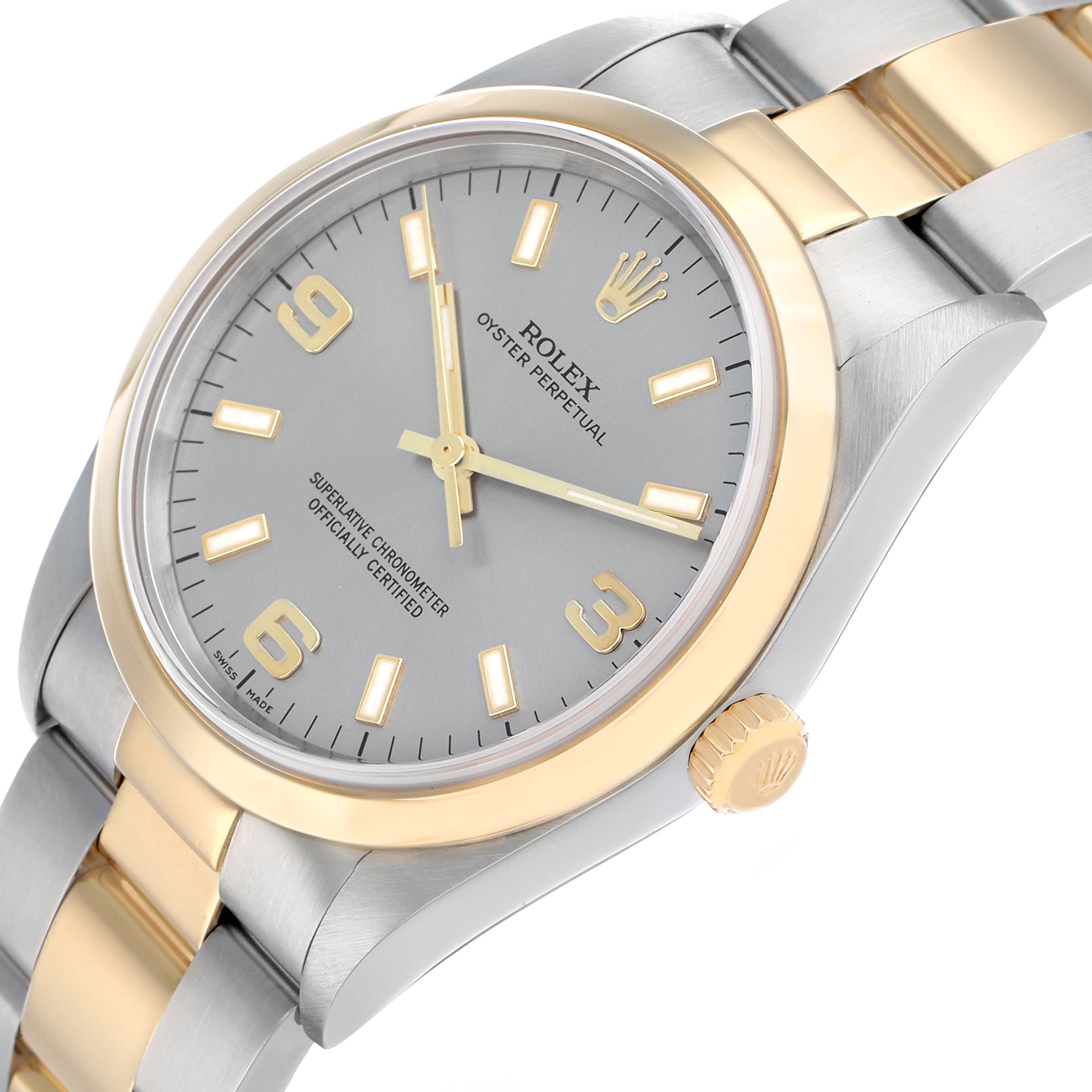 The Rolex Oyster Perpetual 14203 Men's Steel and Gold (two tone) Grey Dial watch is shown from an oblique angle, highlighting the bezel, crown, bracelet, and face.