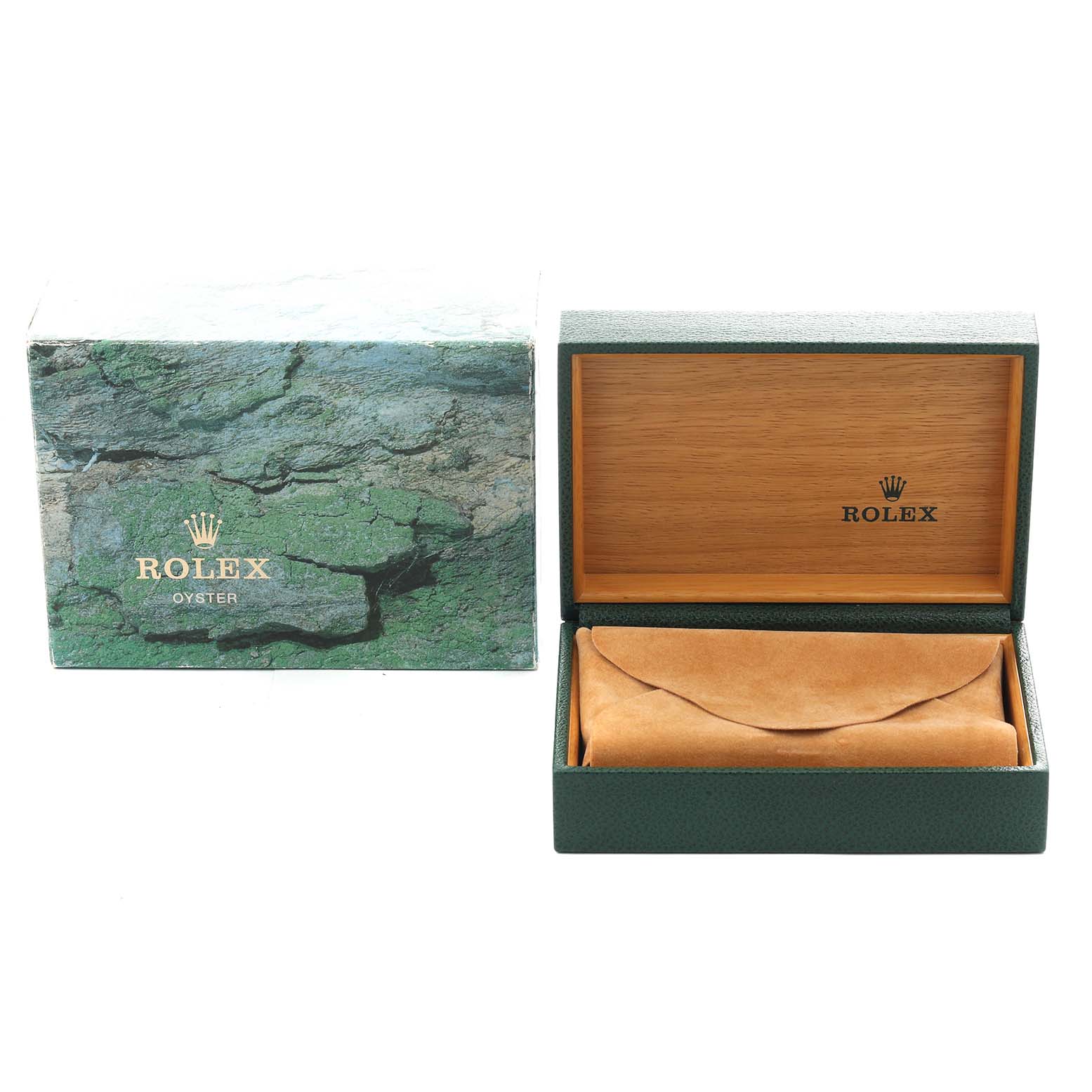 The image shows a Rolex Oyster Perpetual 14203 Men's Steel and Gold (two tone) Grey Dial watch box and a green textured outer box, both open and displaying their interiors.