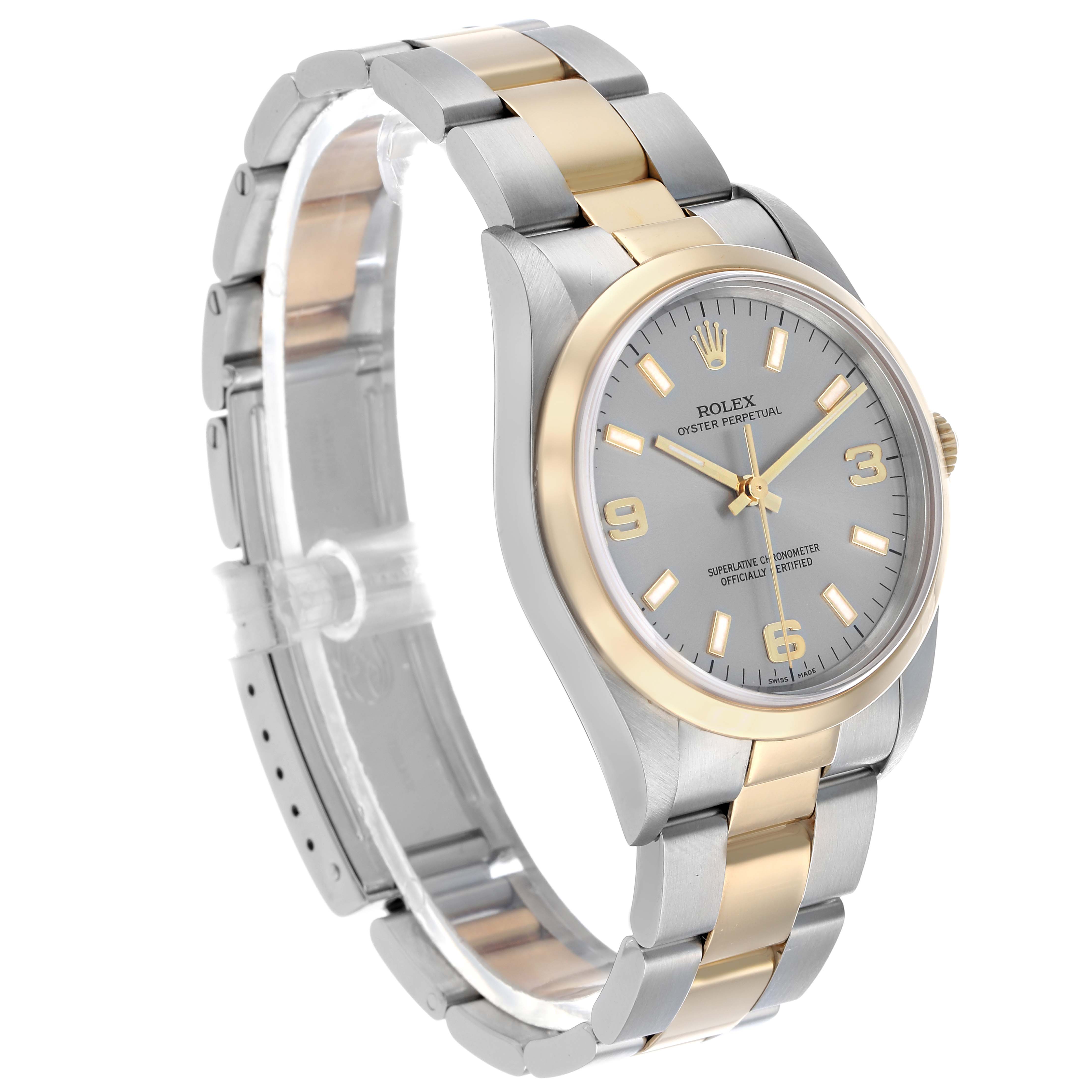 The Rolex Oyster Perpetual 14203 Men's Steel and Gold (two tone) Grey Dial watch is shown at an angled side view, highlighting the bezel, dial, and bracelet.
