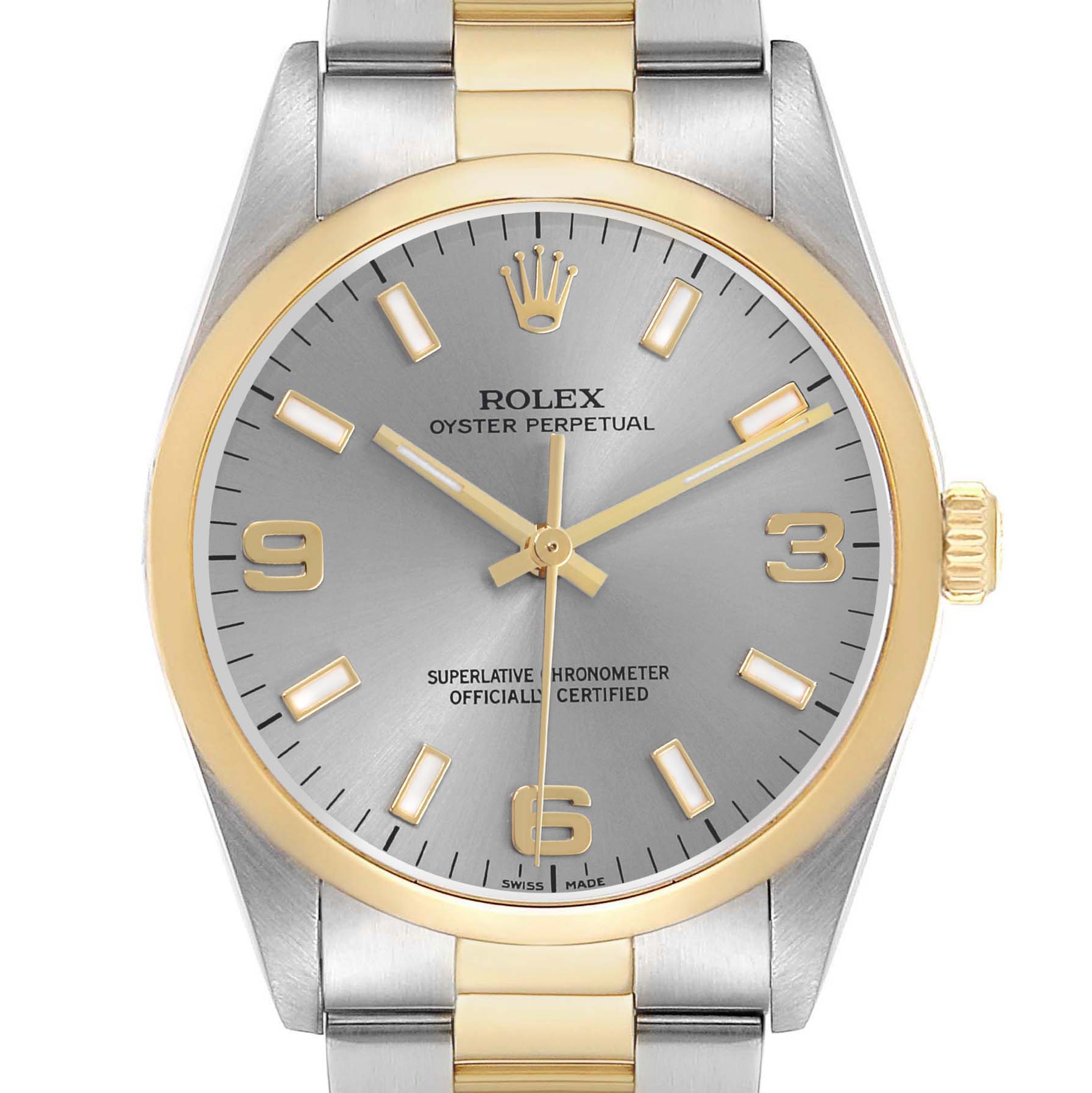 The Rolex Oyster Perpetual 14203 Men's Steel and Gold (two tone) Grey Dial watch is shown from the front, highlighting its face, bezel, and part of the bracelet.