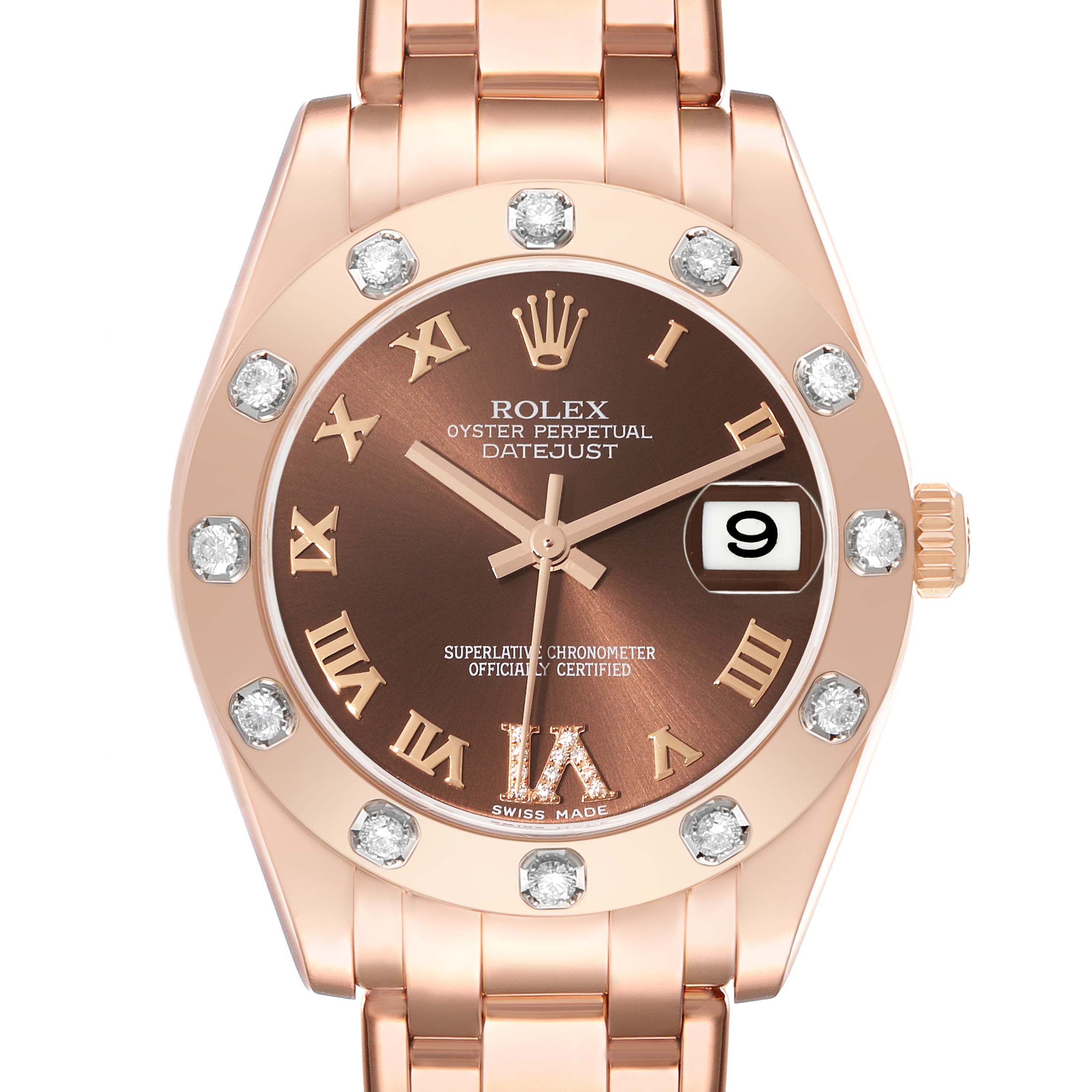 This image shows a front view of the Rolex Pearlmaster 81315 Women's Rose Gold Brown Dial 81315 Women's Rose Gold Brown Dial watch featuring a brown dial and diamond-studded bezel.
