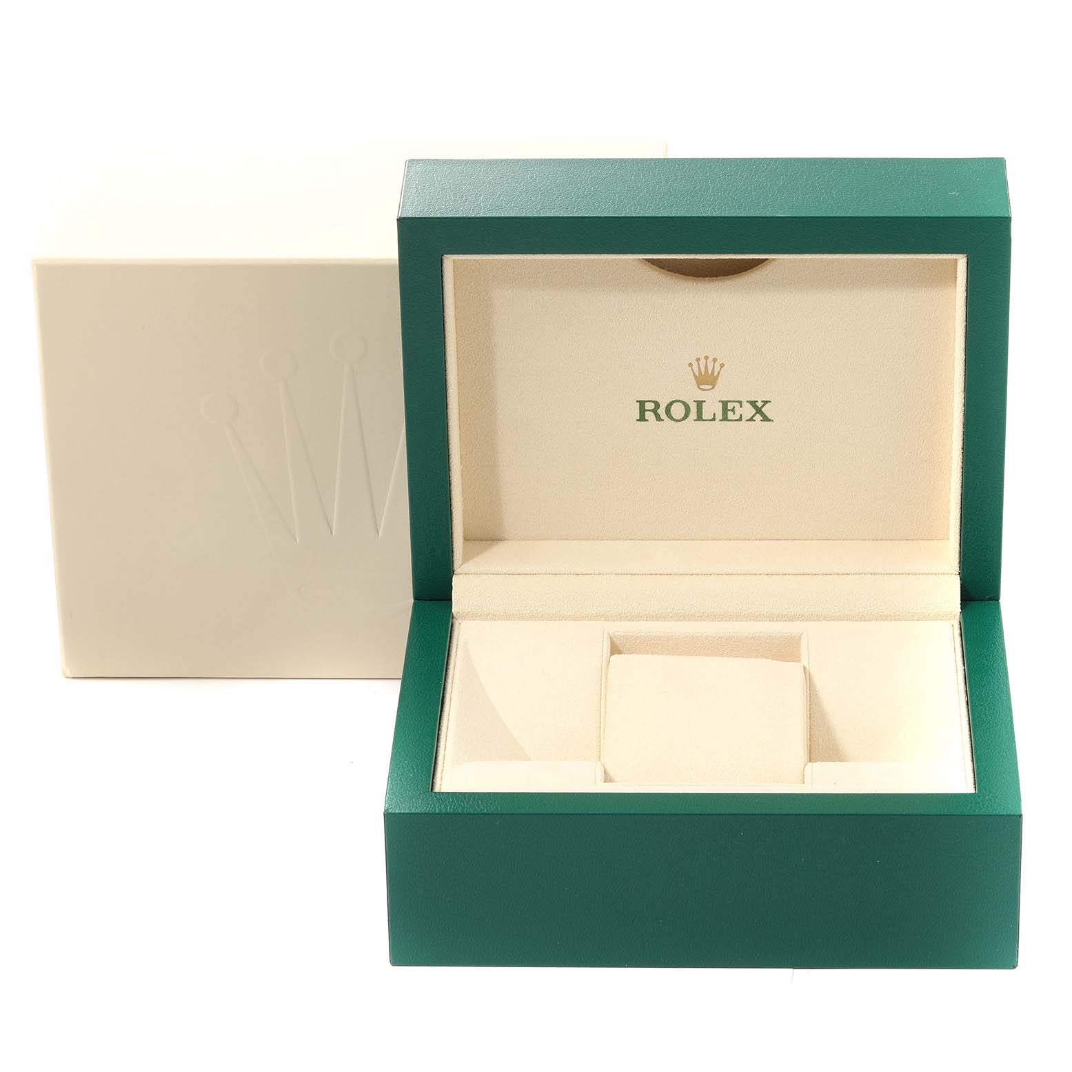 This image shows an open green and cream-colored Rolex watch box, designed for the Pearlmaster model, in an upright and open position.