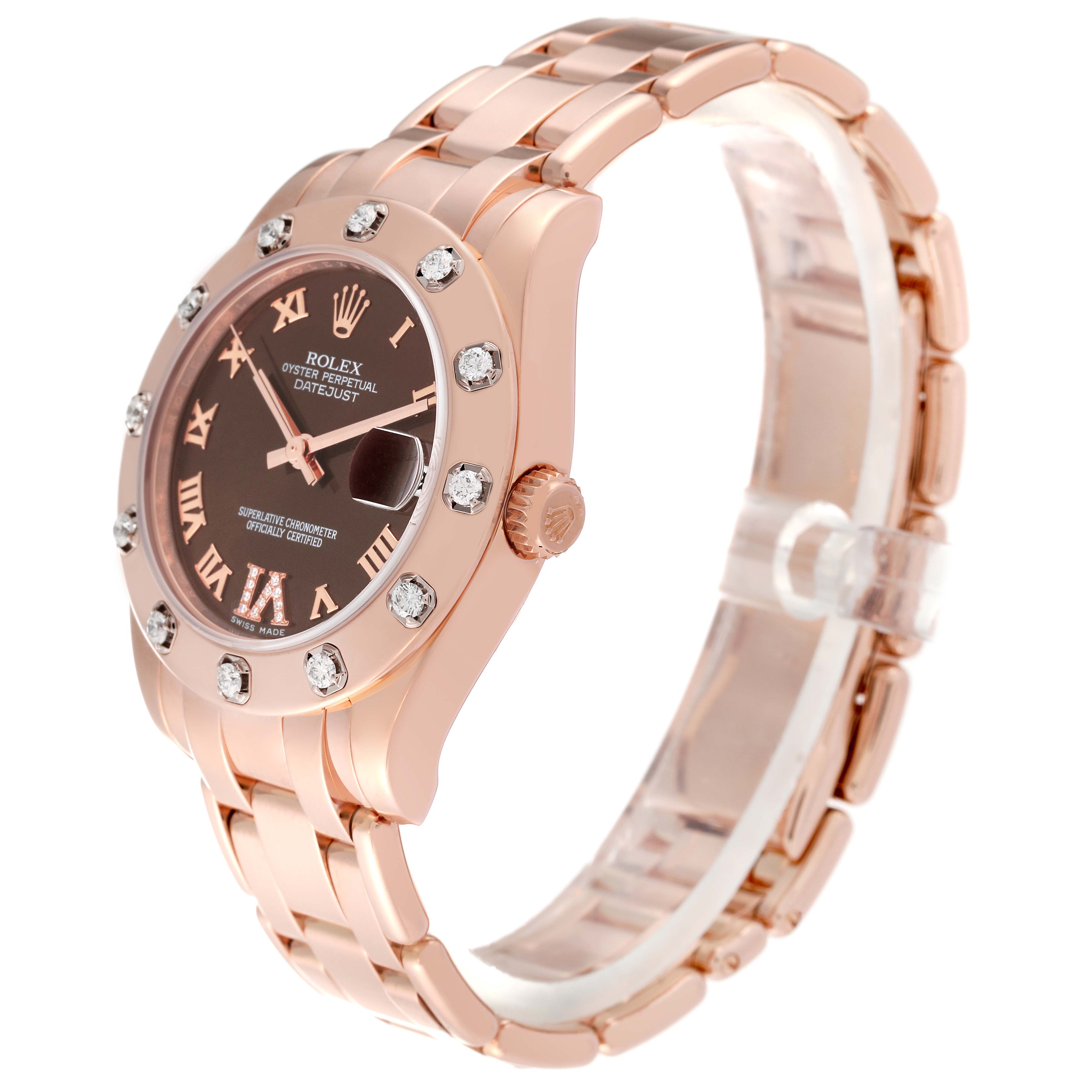 The Rolex Pearlmaster 81315 Women's Rose Gold Brown Dial 81315 Women's Rose Gold Brown Dial watch is shown at a slight angle, displaying its face, bezel, crown, and part of the bracelet.
