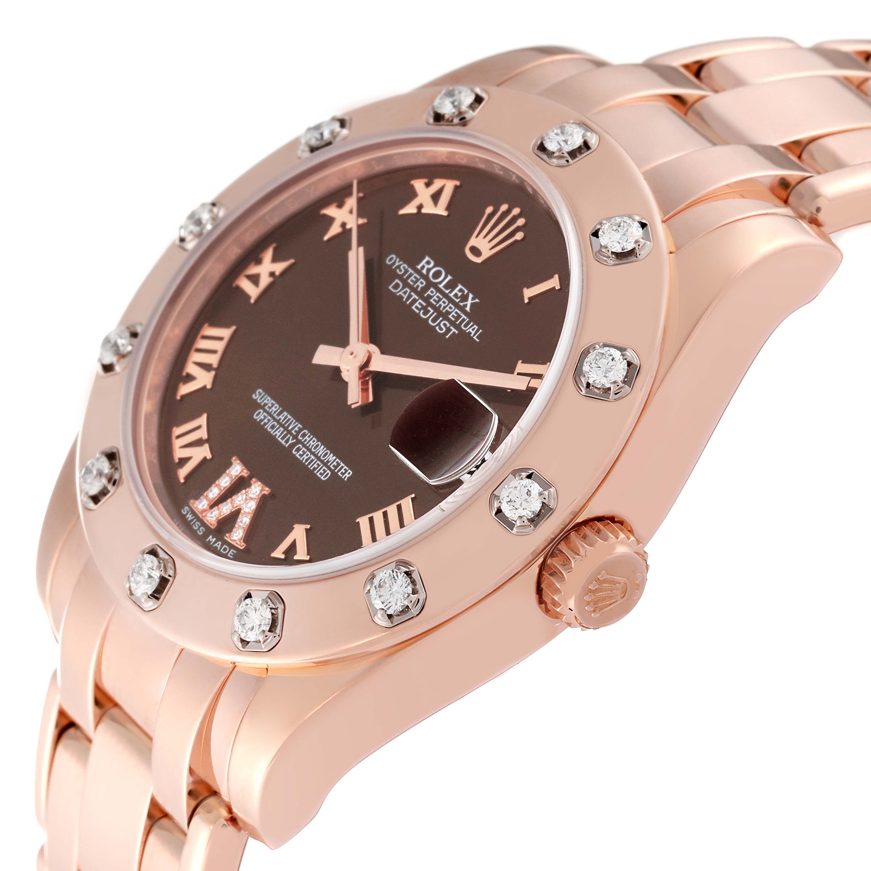 The image shows a side angle of a Rolex Pearlmaster 81315 Women's Rose Gold Brown Dial 81315 Women's Rose Gold Brown Dial watch showcasing the bezel, dial, crown, and bracelet.