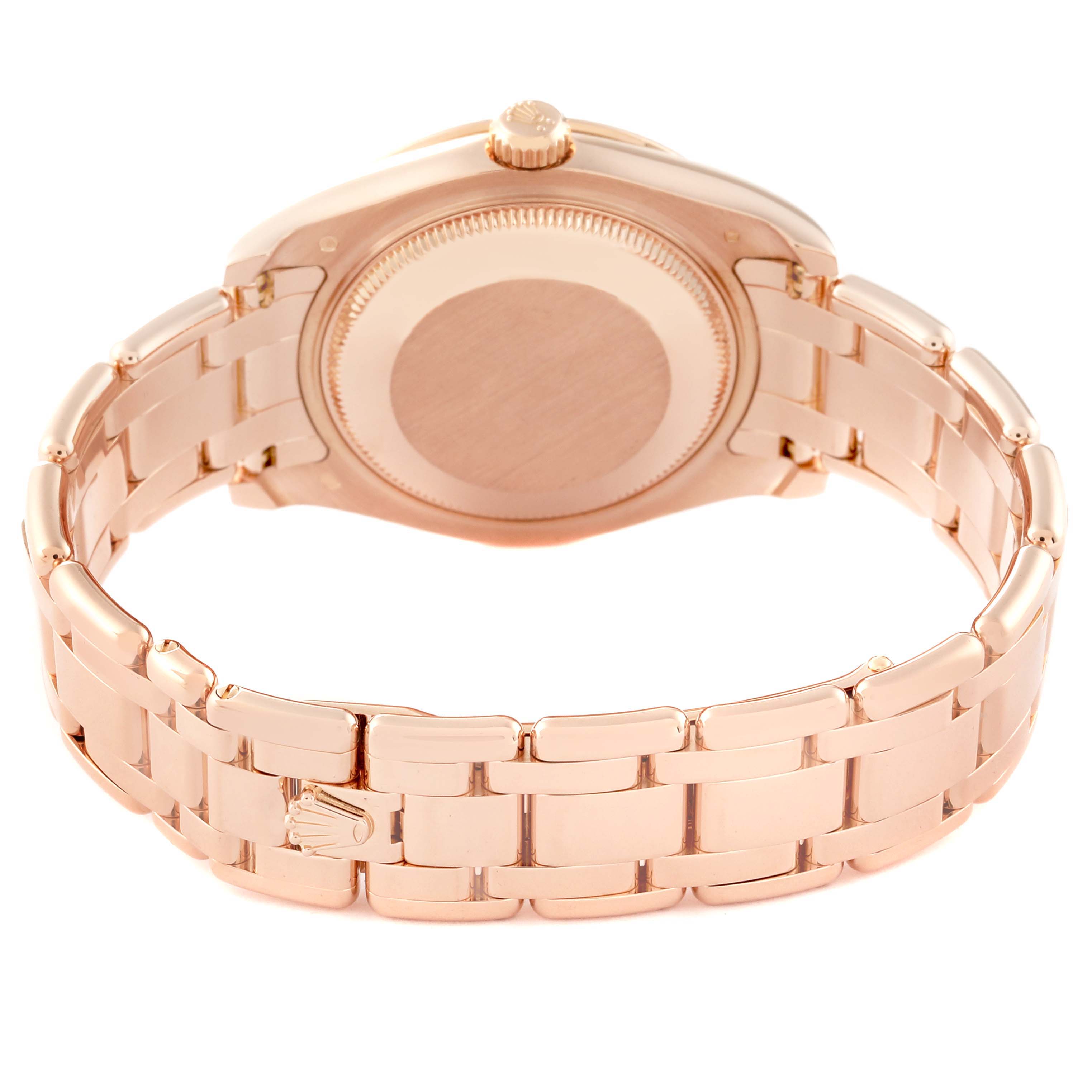 This image shows the back and bracelet clasp of a Rolex Pearlmaster 81315 Women's Rose Gold Brown Dial 81315 Women's Rose Gold Brown Dial watch, viewed from a rear angle.