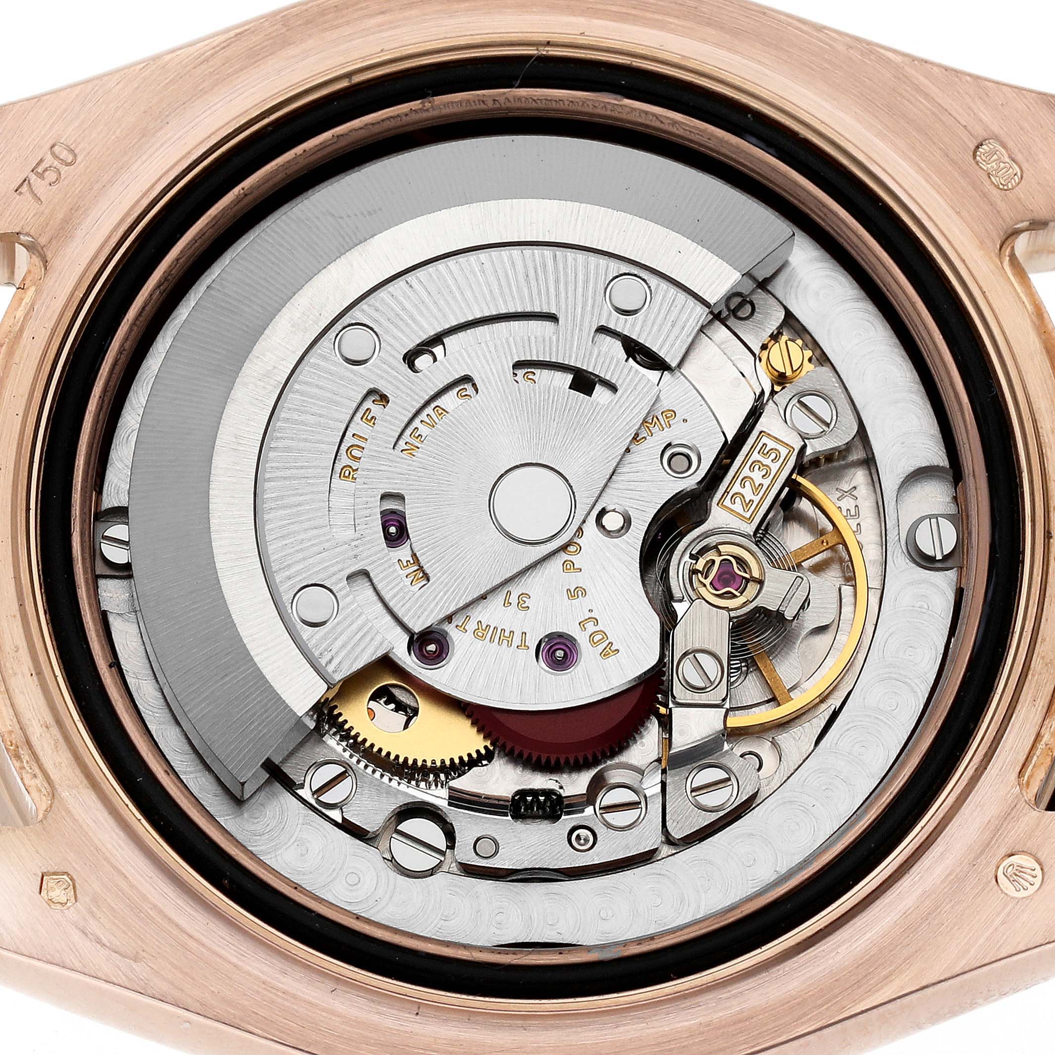 This image shows the internal mechanism and movement of a Rolex Pearlmaster 81315 Women's Rose Gold Brown Dial 81315 Women's Rose Gold Brown Dial watch from a top-down angle.