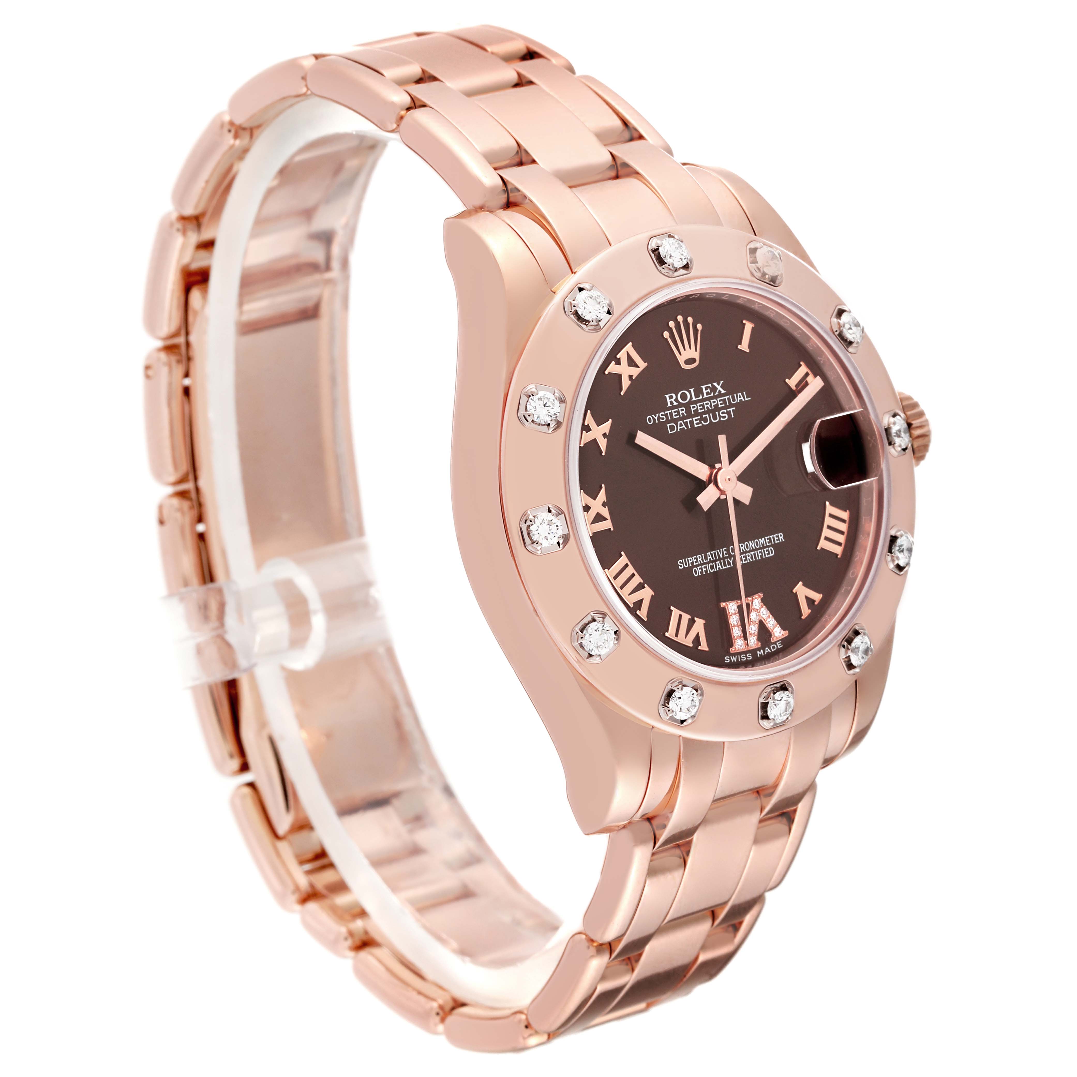 The Rolex Pearlmaster 81315 Women's Rose Gold Brown Dial 81315 Women's Rose Gold Brown Dial watch is shown at a three-quarter angle, highlighting its rose gold bracelet, diamond-set bezel, and brown dial.