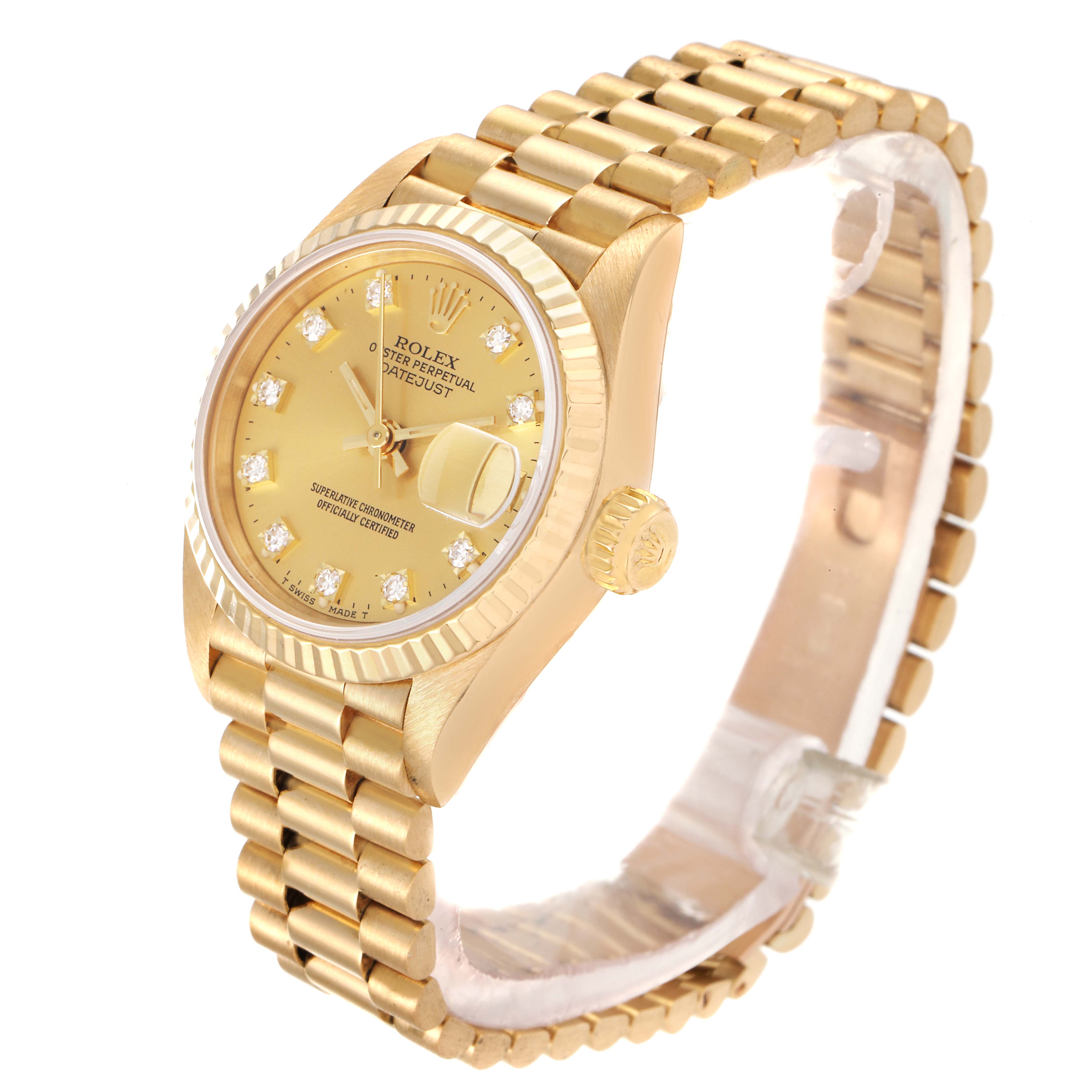 This image shows the Rolex President 69178 Women
s Yellow Gold Champagne Dial 69178 Women
s Yellow Gold Champagne Dial model watch at a three-quarter angle, highlighting the gold dial, bezel, and bracelet.
