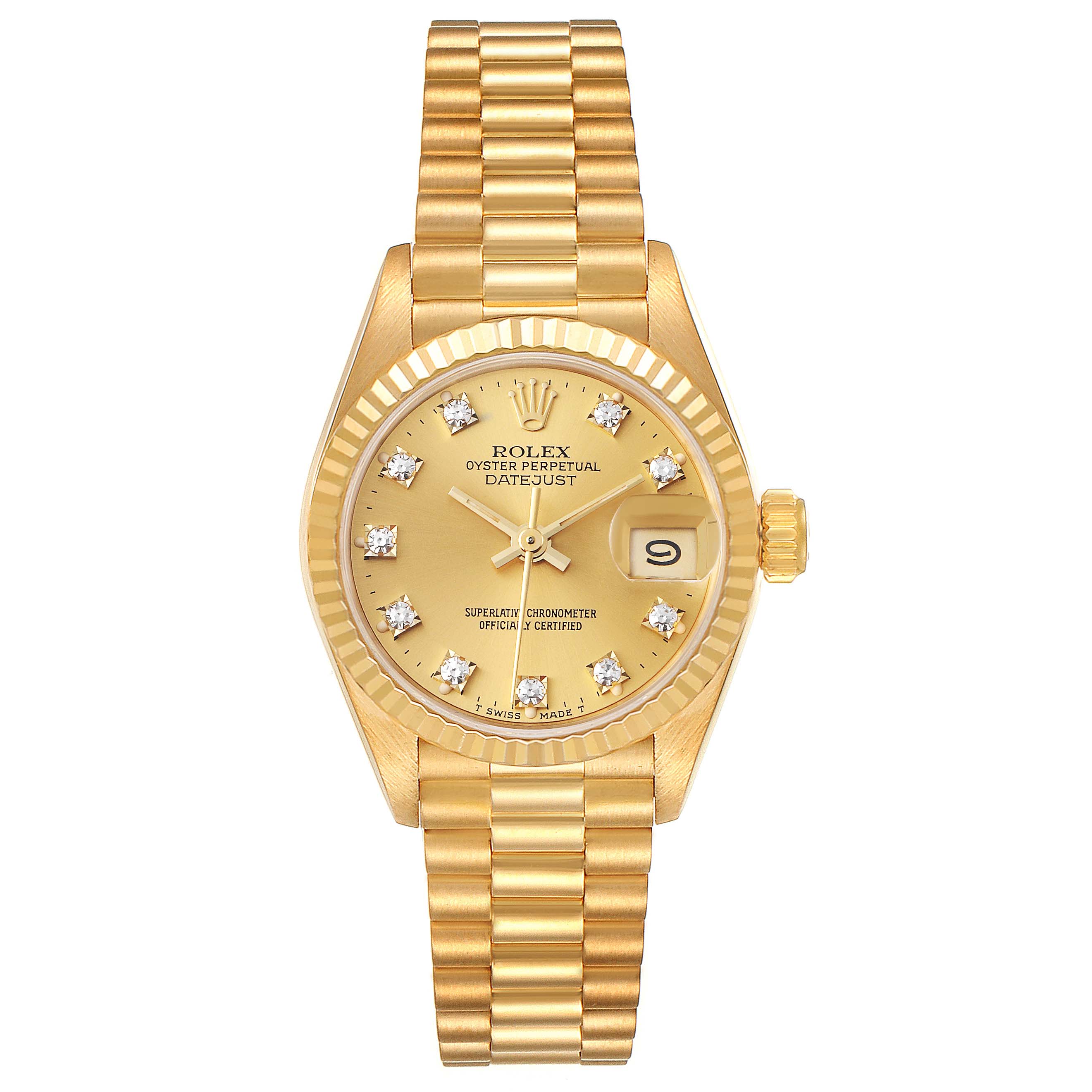 The Rolex President 69178 Women
s Yellow Gold Champagne Dial 69178 Women
s Yellow Gold Champagne Dial model watch is shown from the front, highlighting its gold bracelet, dial, date window, and diamond hour markers.