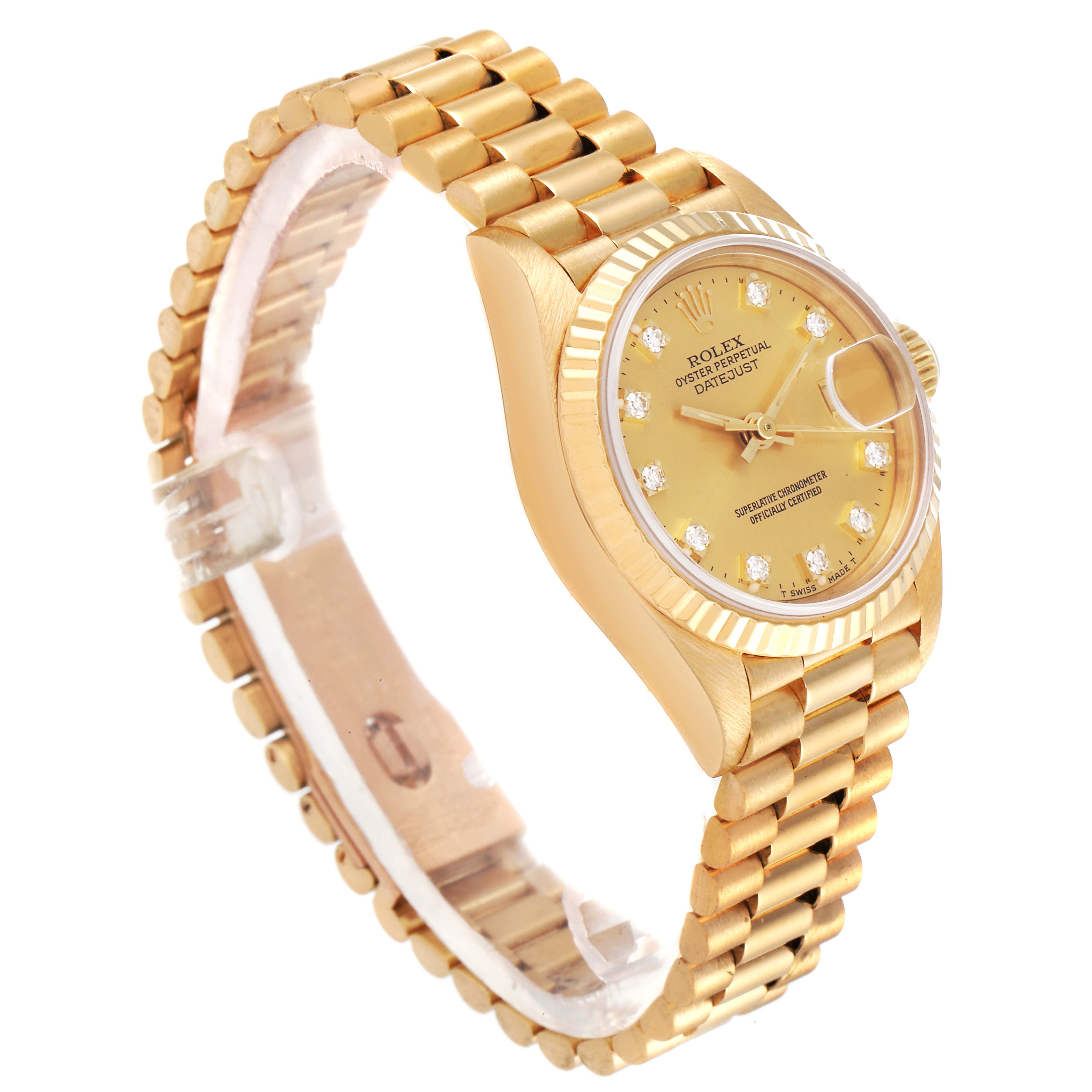 The image shows a Rolex President 69178 Women
s Yellow Gold Champagne Dial 69178 Women
s Yellow Gold Champagne Dial model watch at an angle, highlighting the gold bracelet, fluted bezel, and diamond hour markers.