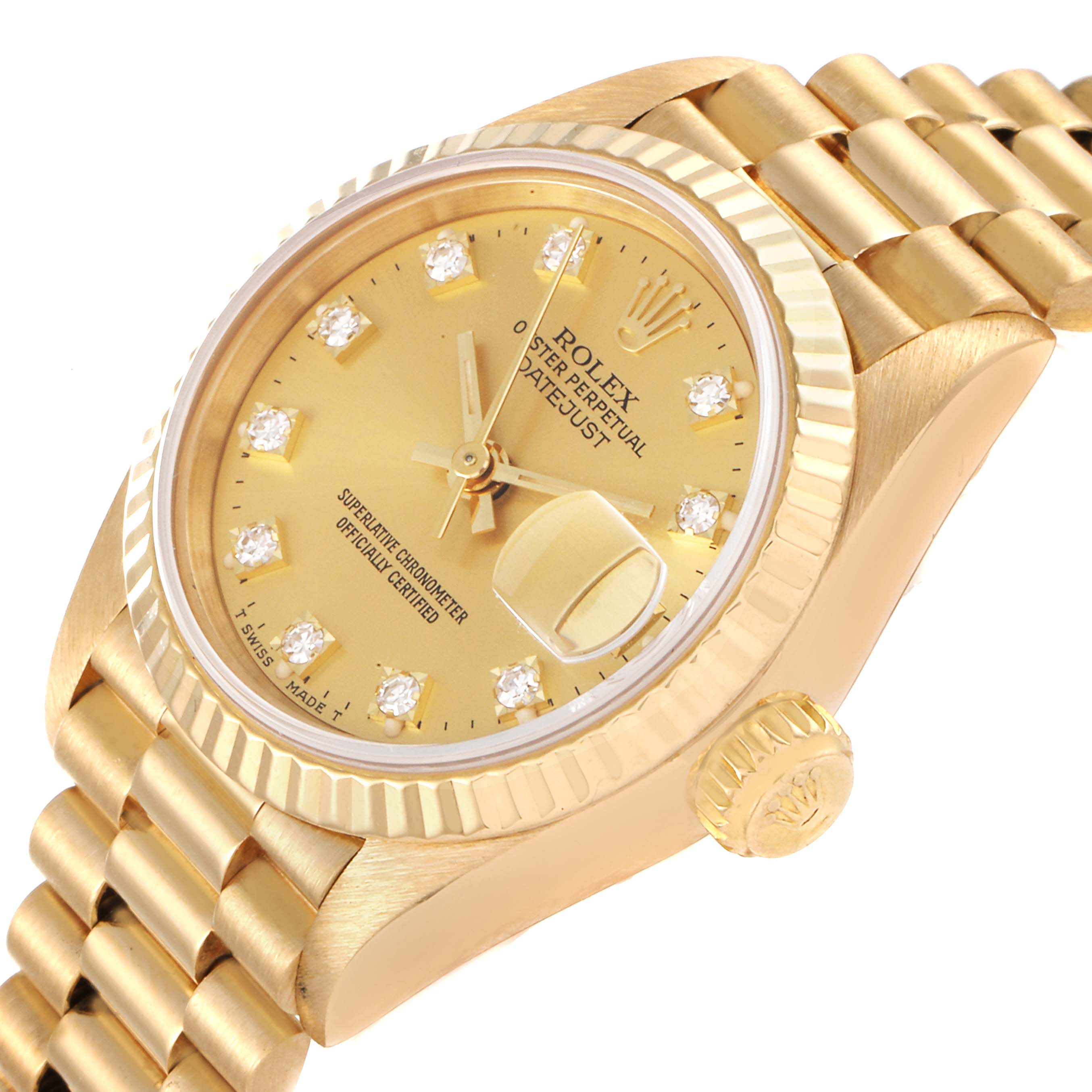 The image shows a gold Rolex President 69178 Women
s Yellow Gold Champagne Dial 69178 Women
s Yellow Gold Champagne Dial model watch from a side angle, highlighting the dial, bezel, crown, and part of the bracelet.