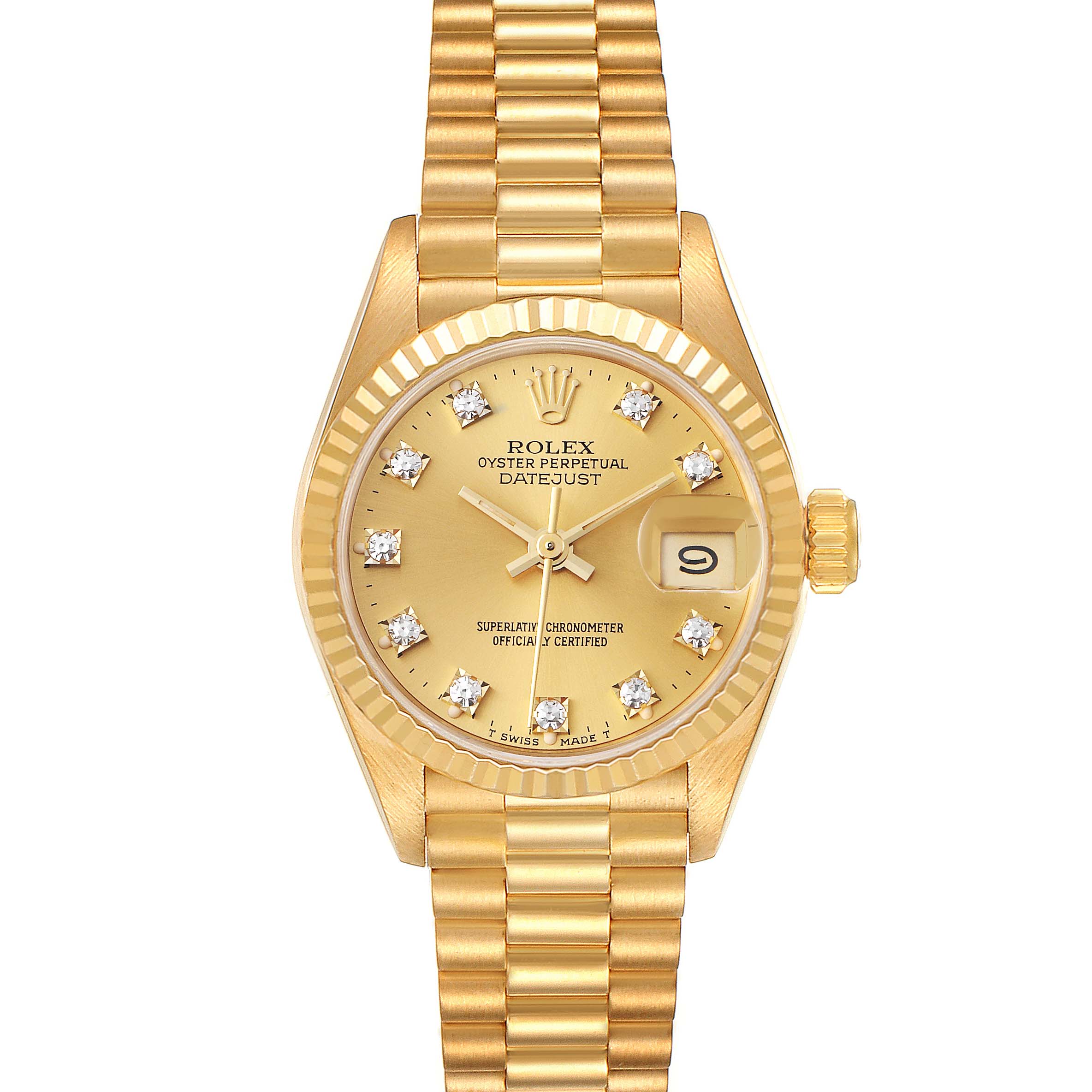 This image shows the front view of the Rolex President 69178 Women
s Yellow Gold Champagne Dial 69178 Women
s Yellow Gold Champagne Dial model watch, highlighting its dial, bezel, and bracelet.