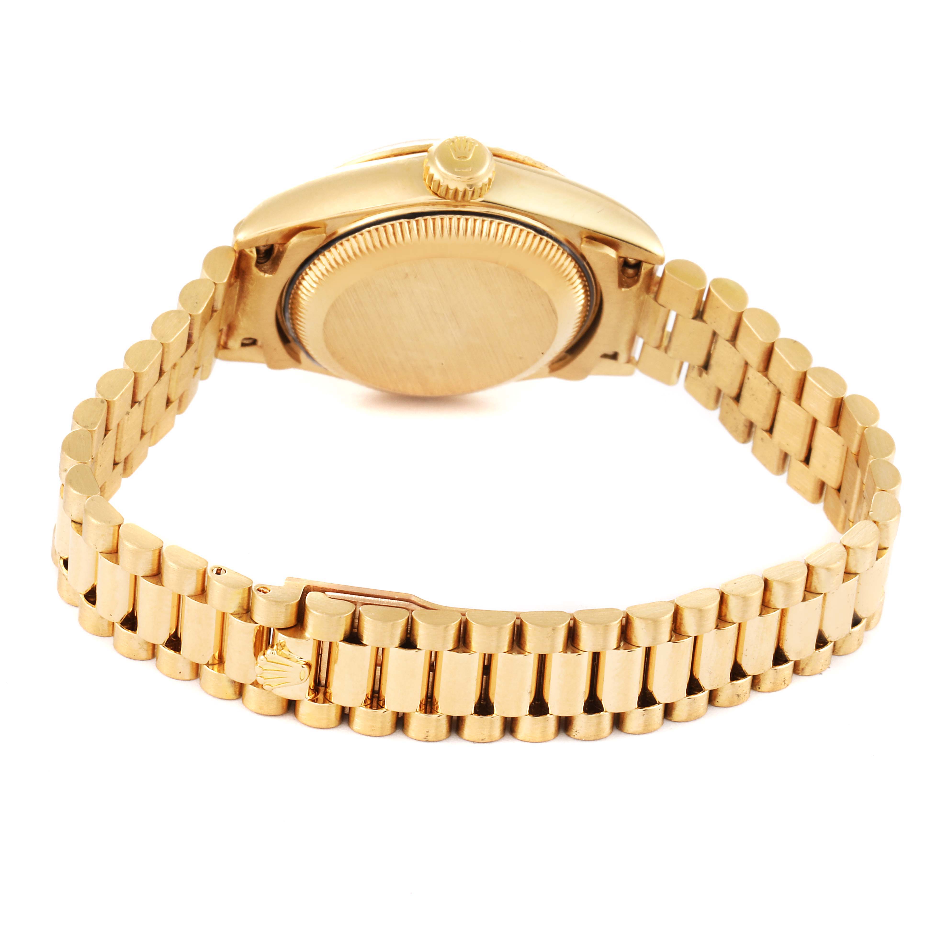 This image shows the back view of a Rolex President 69178 Women
s Yellow Gold Champagne Dial 69178 Women
s Yellow Gold Champagne Dial model watch, highlighting the bracelet and clasp.