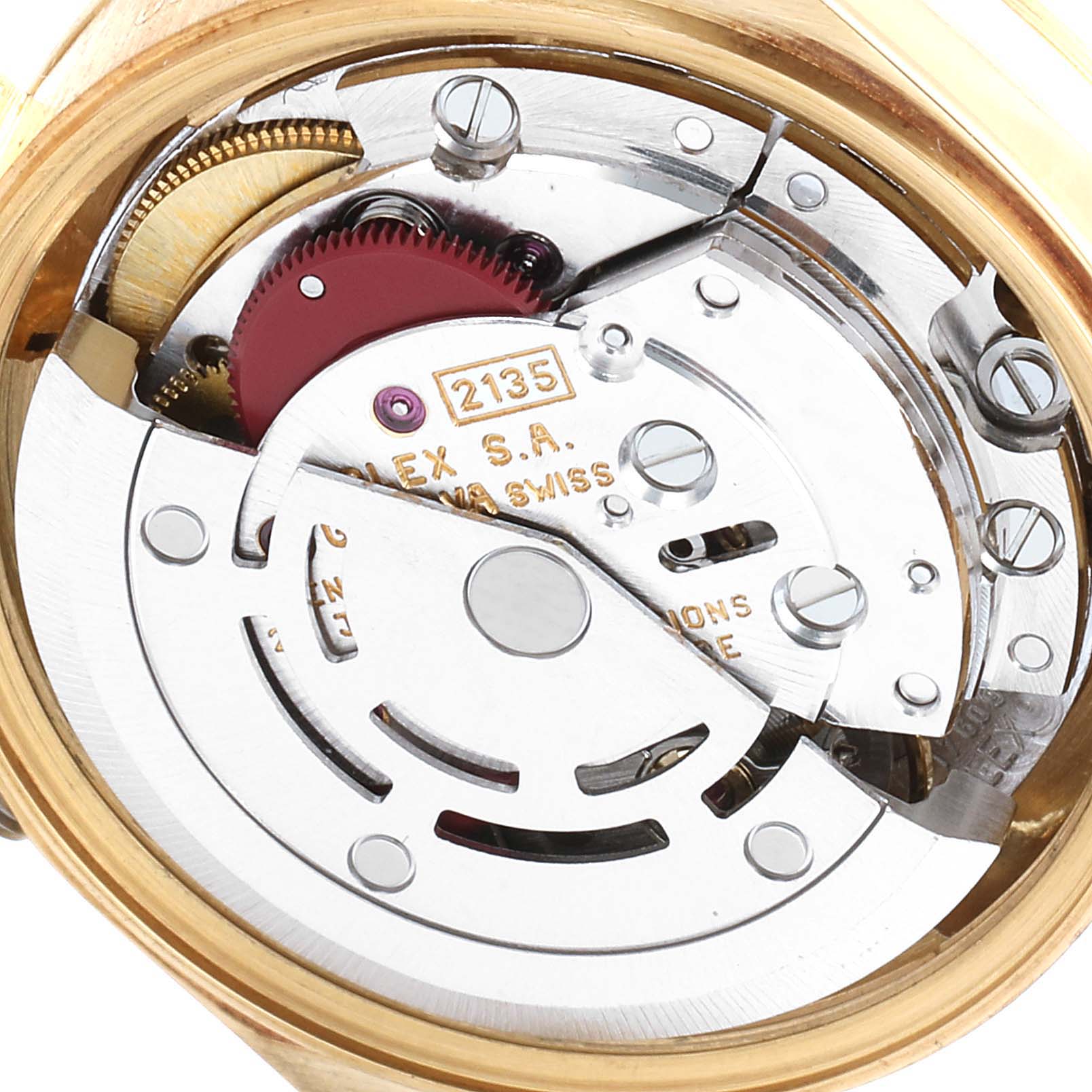 The image shows the internal movement mechanism of a Rolex President 69178 Women's Yellow Gold Champagne Dial 69178 Women's Yellow Gold Champagne Dial model watch, viewed from the back.