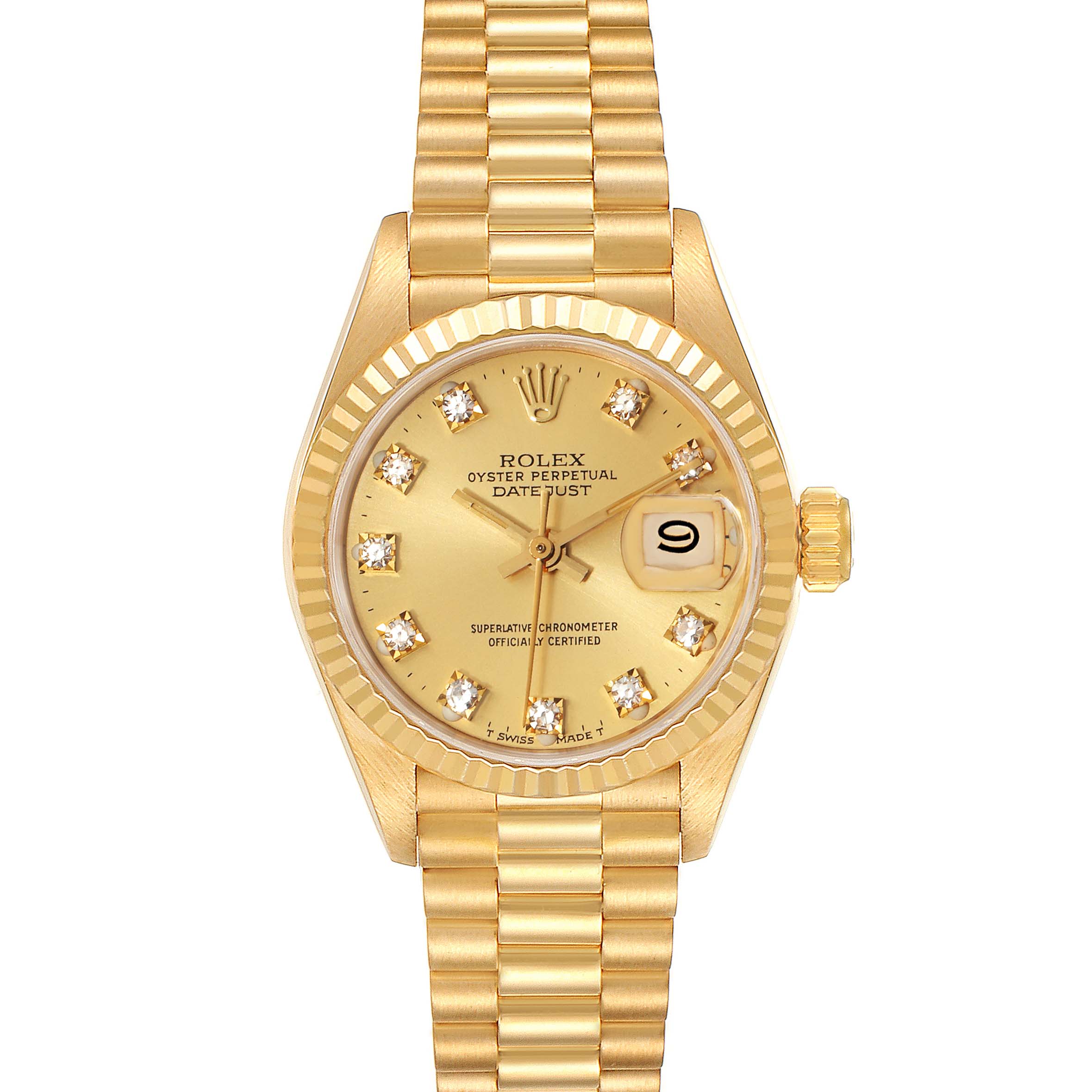 The image shows a Rolex President 69178 Women's Yellow Gold Champagne Dial 69178 Women's Yellow Gold Champagne Dial model watch from a front angle, highlighting its gold bracelet, diamond markers, and date display.