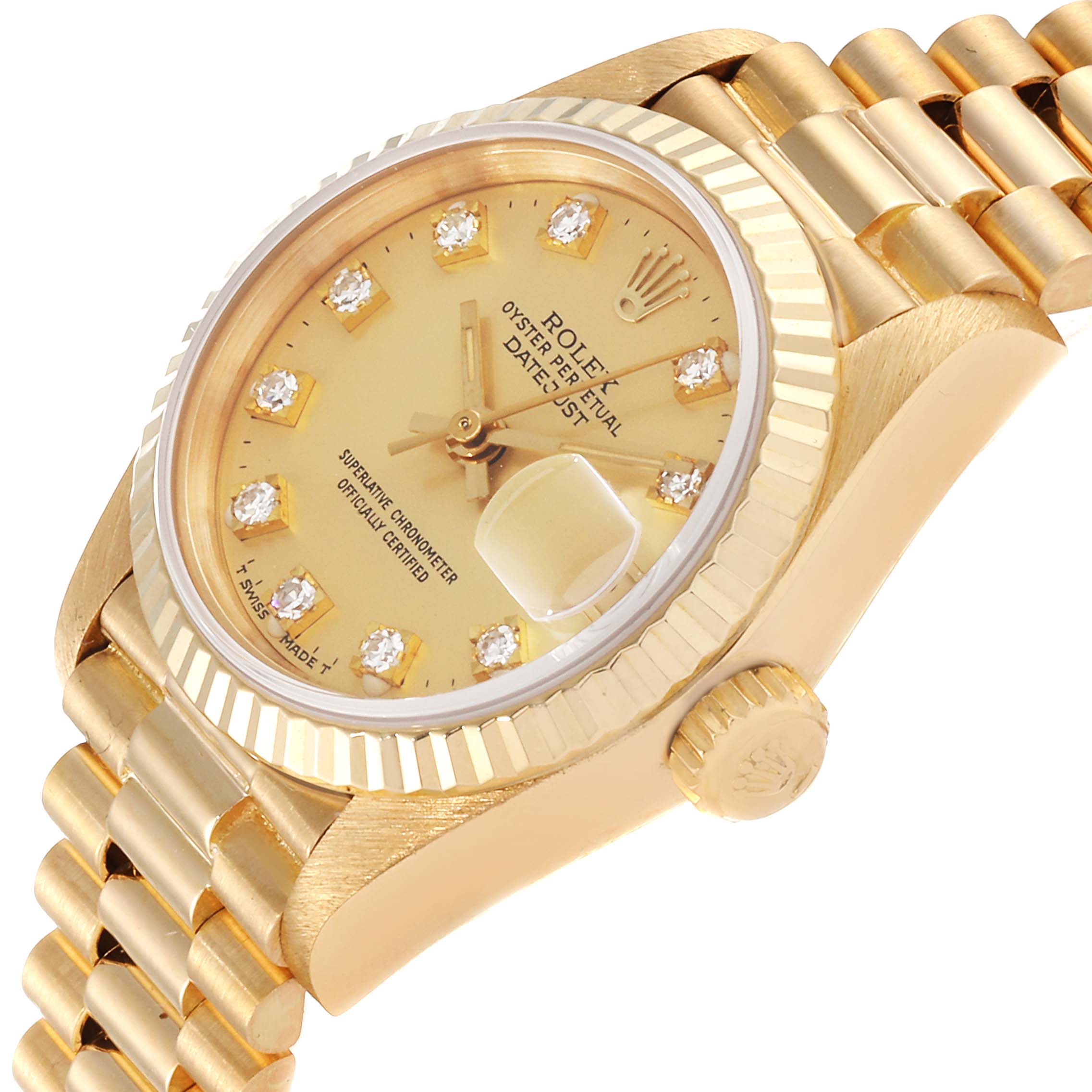 The Rolex President 69178 Women's Yellow Gold Champagne Dial 69178 Women's Yellow Gold Champagne Dial model watch is shown from an angled view, highlighting the gold bracelet, crown, and diamond-accented dial.