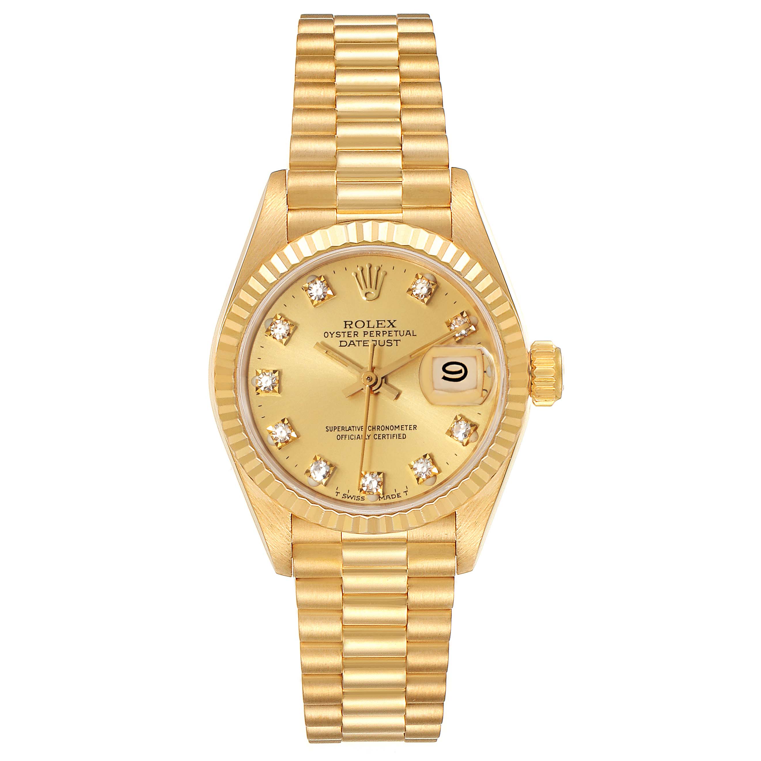 This image shows a frontal view of a Rolex President 69178 Women's Yellow Gold Champagne Dial 69178 Women's Yellow Gold Champagne Dial model watch, displaying its face, bracelet, and crown.