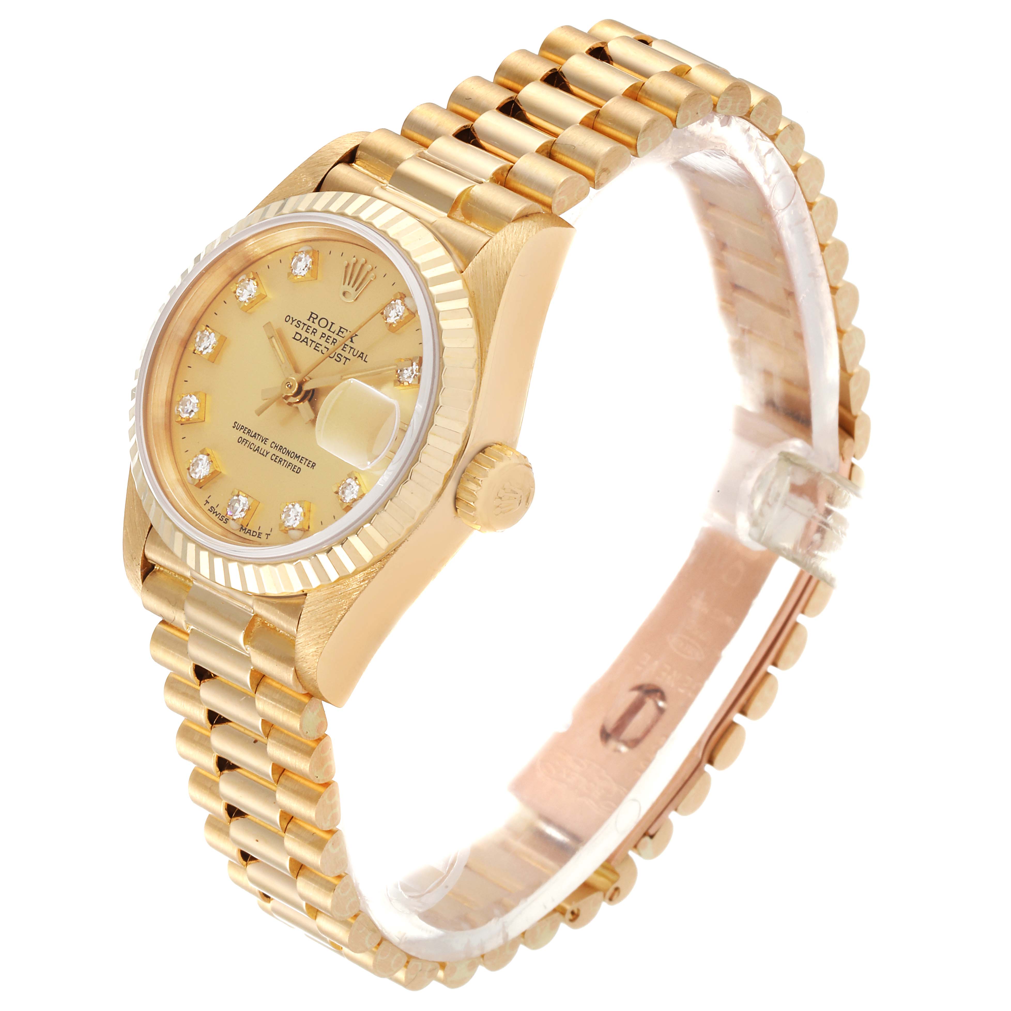 This image shows a Rolex President 69178 Women's Yellow Gold Champagne Dial 69178 Women's Yellow Gold Champagne Dial model watch from a three-quarter angle, highlighting its gold band, bezel, and dial.