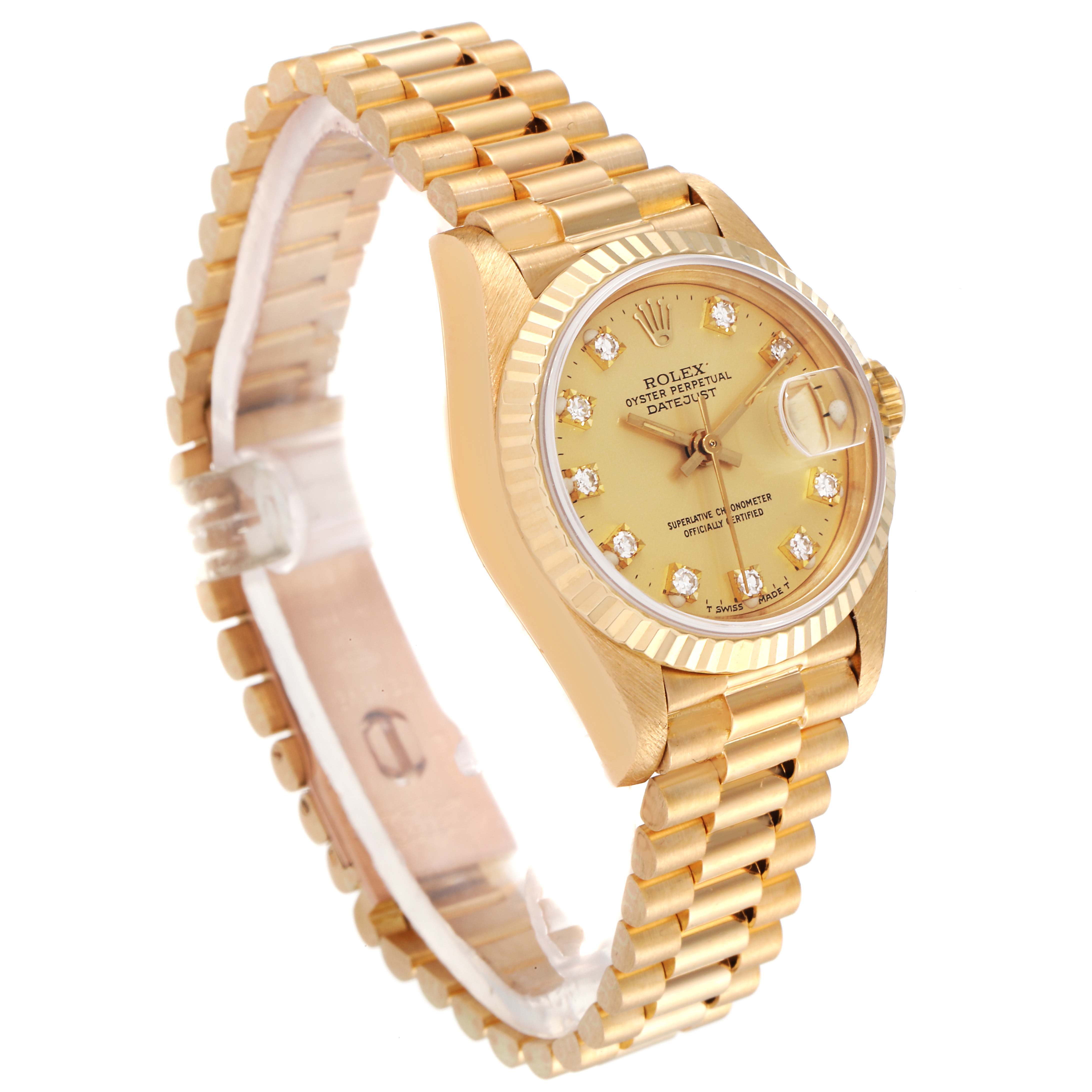 The Rolex President 69178 Women's Yellow Gold Champagne Dial 69178 Women's Yellow Gold Champagne Dial model watch is shown at a three-quarter angle, displaying its gold bracelet, dial, and fluted bezel.