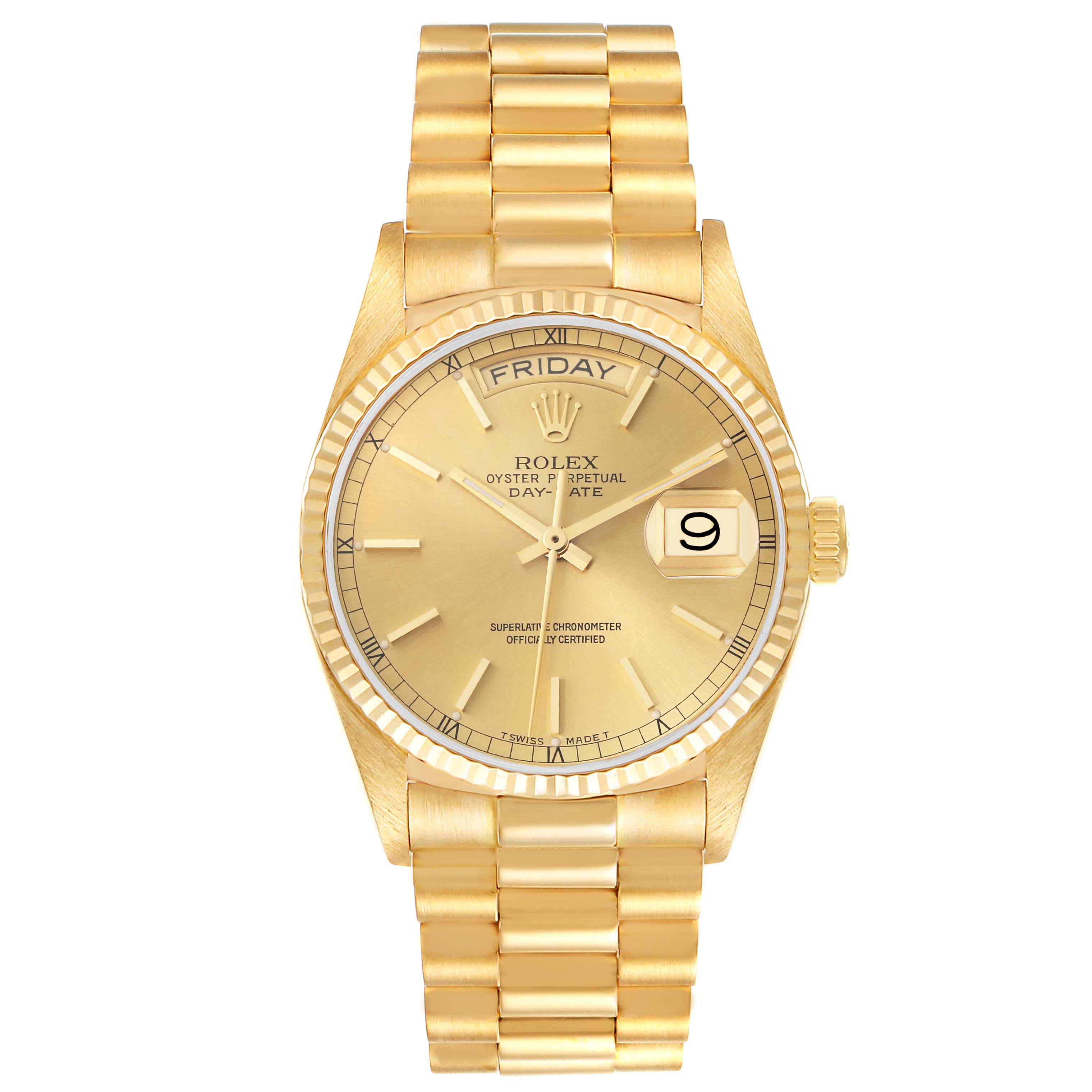 The image shows a frontal view of a Rolex President 18038 Men
s Yellow Gold Champagne Dial 18038 Men
s Yellow Gold Champagne Dial Day-Date watch with a gold dial, fluted bezel, and bracelet.