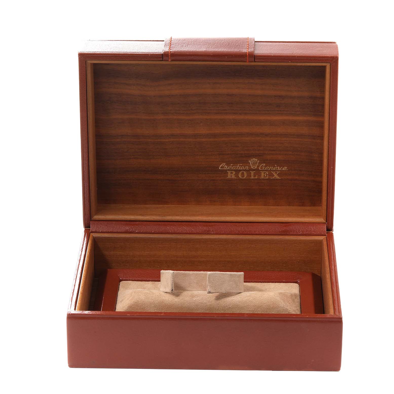 This image shows an open Rolex President 18038 Men
s Yellow Gold Champagne Dial 18038 Men
s Yellow Gold Champagne Dial model watch box, revealing the interior with a cushion and the Rolex branding inside the lid.