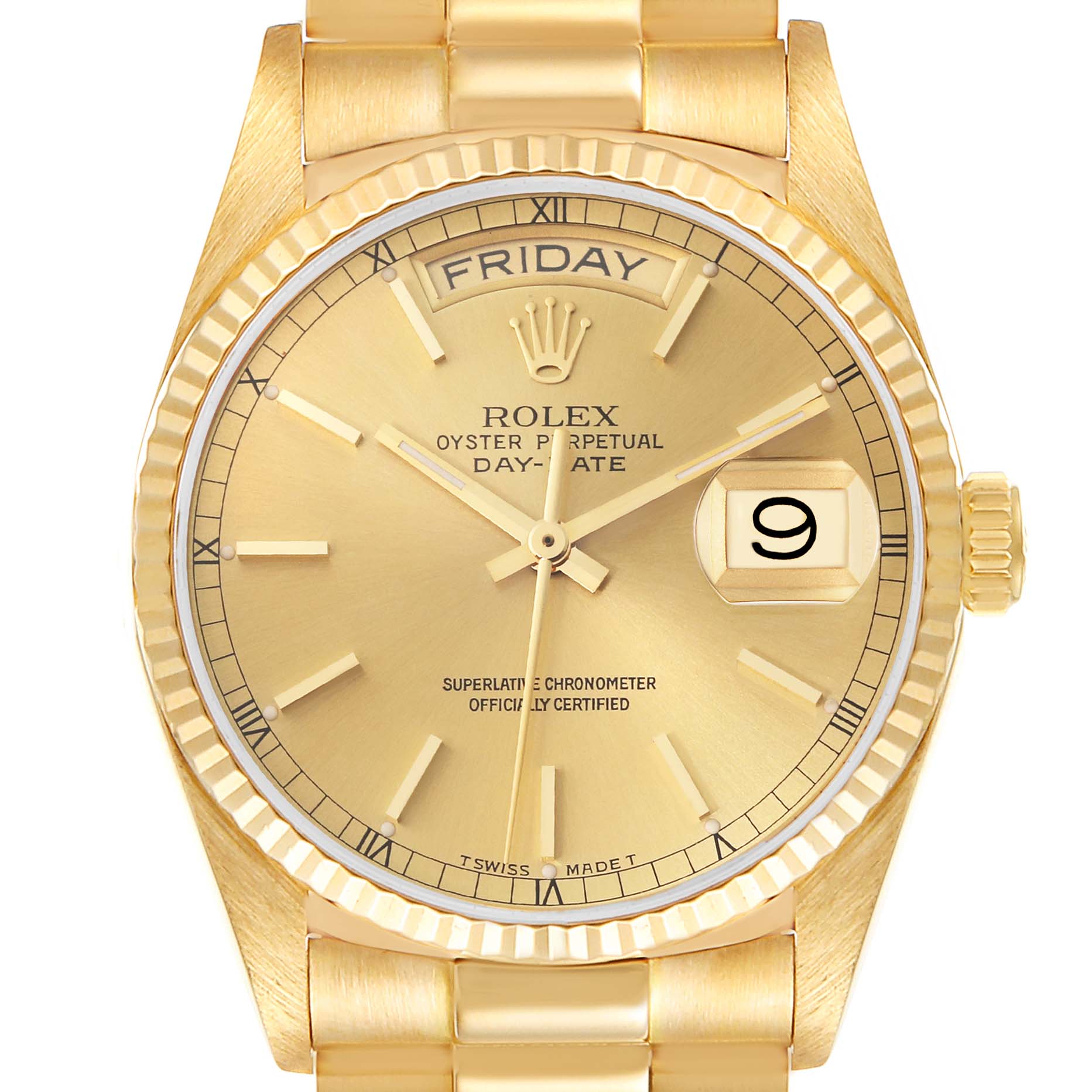 The image shows a Rolex President 18038 Men
s Yellow Gold Champagne Dial 18038 Men
s Yellow Gold Champagne Dial model watch, highlighting its gold face, day and date windows, and fluted bezel from a centered front angle.
