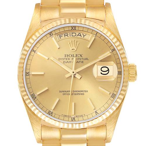 The image shows a front view of a Rolex President Day-Date watch, displaying the dial, hands, day, and date features.