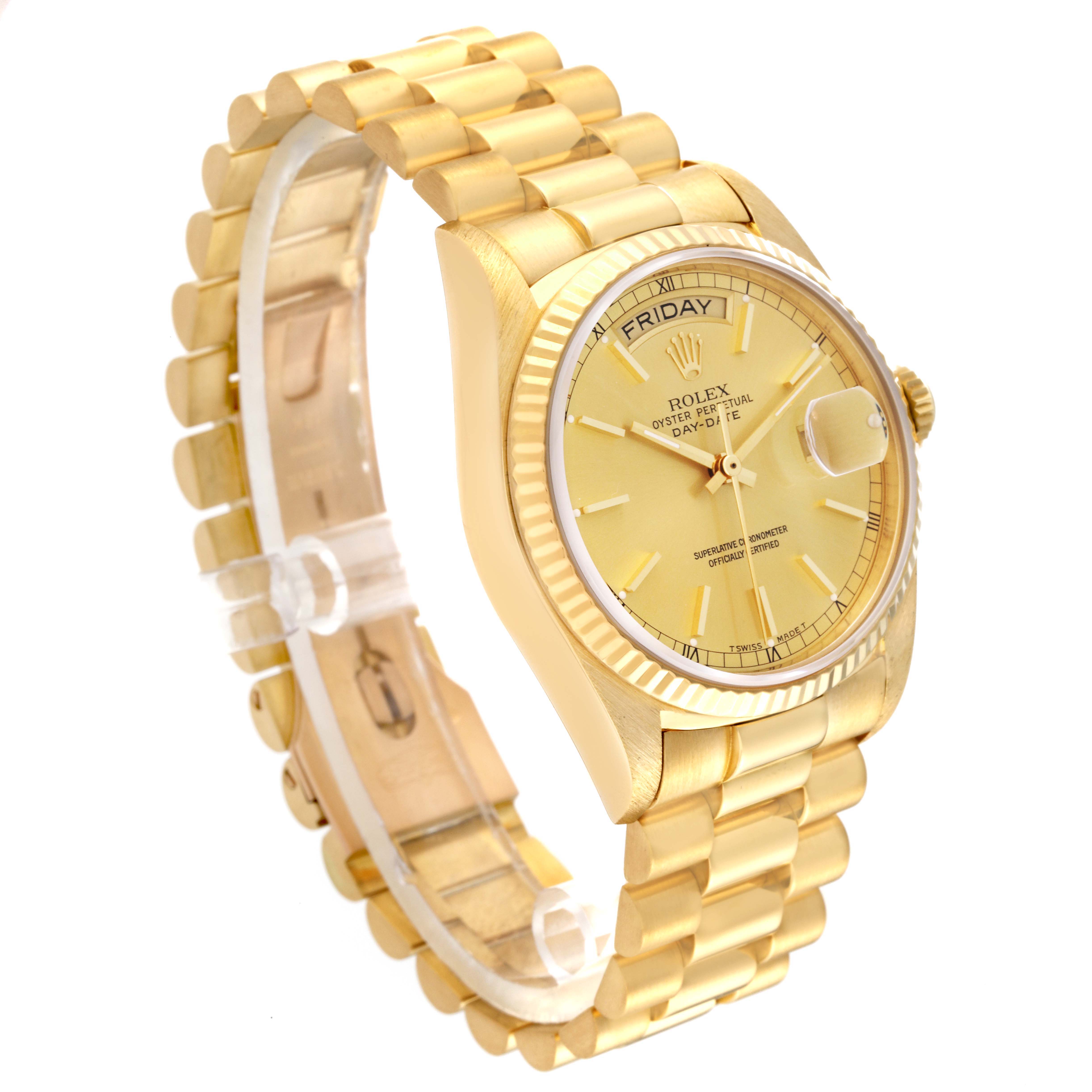 The image shows a Rolex President 18038 Men
s Yellow Gold Champagne Dial 18038 Men
s Yellow Gold Champagne Dial model watch at a three-quarter angle, highlighting the face, band, and crown.