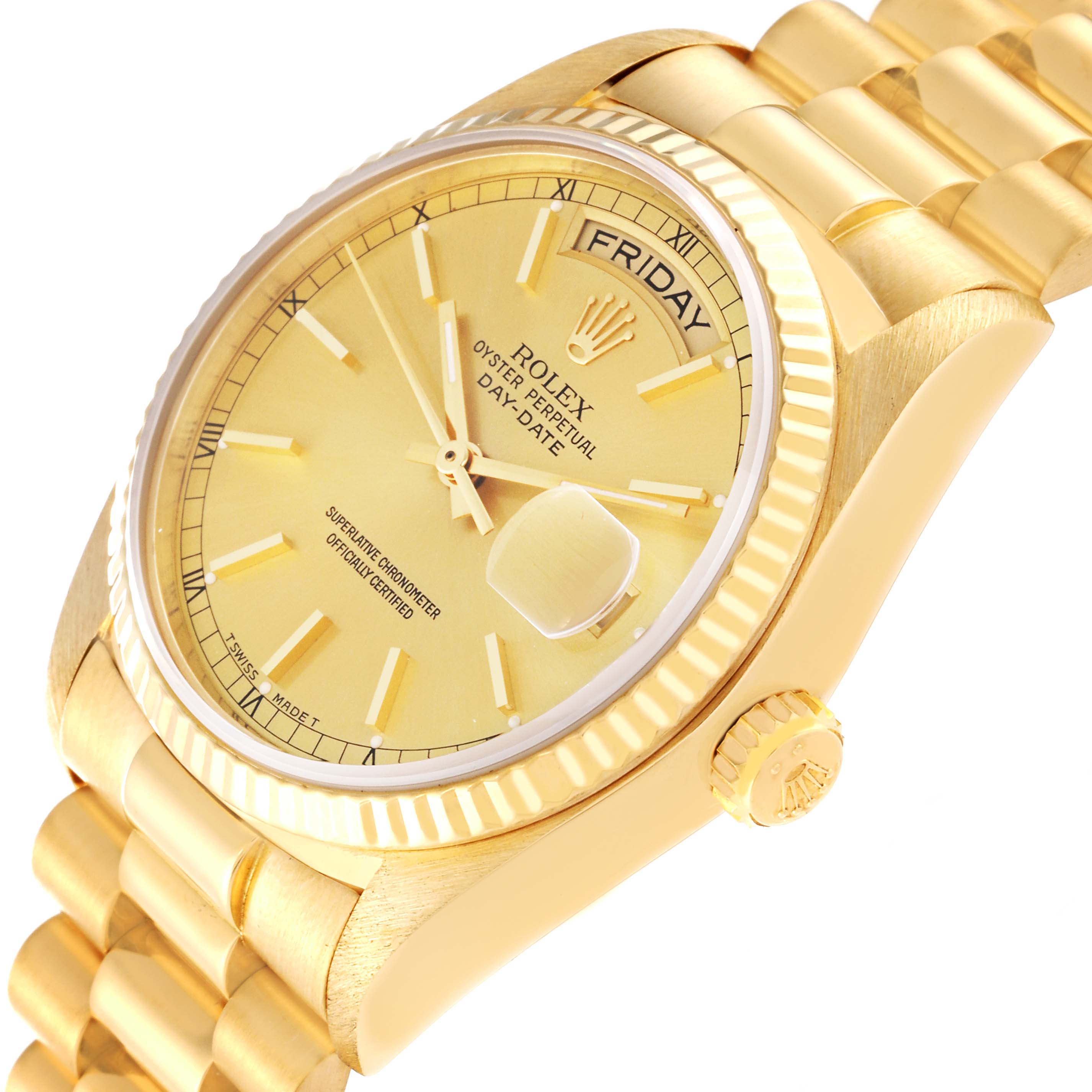 The image shows the dial, fluted bezel, crown, and part of the bracelet of a Rolex President 18038 Men
s Yellow Gold Champagne Dial 18038 Men
s Yellow Gold Champagne Dial model watch from an angled view.