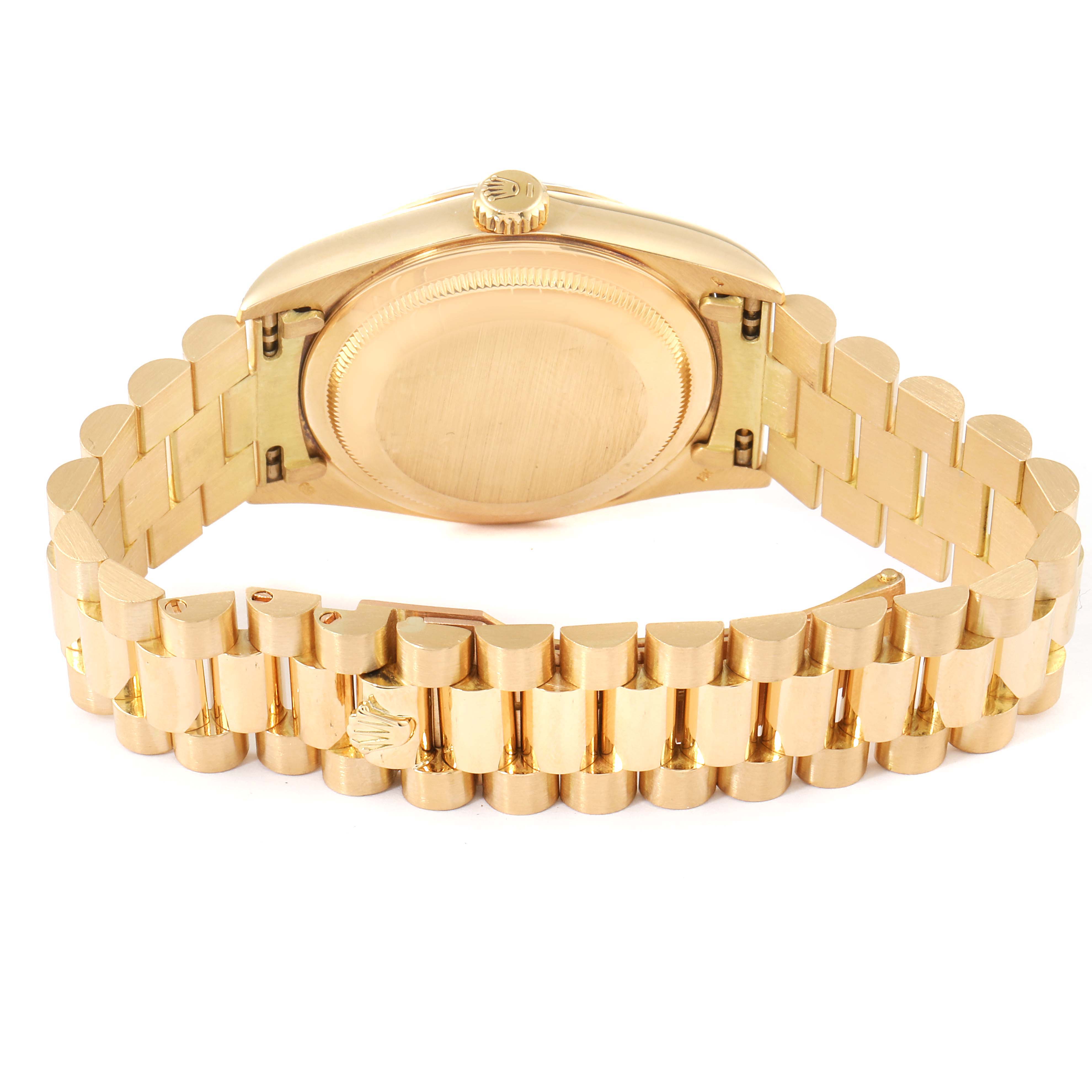 The image shows the back and bracelet of the Rolex President 18338 Men's Yellow Gold Champagne Dial 18338 Men's Yellow Gold Champagne Dial model watch, viewed from behind.