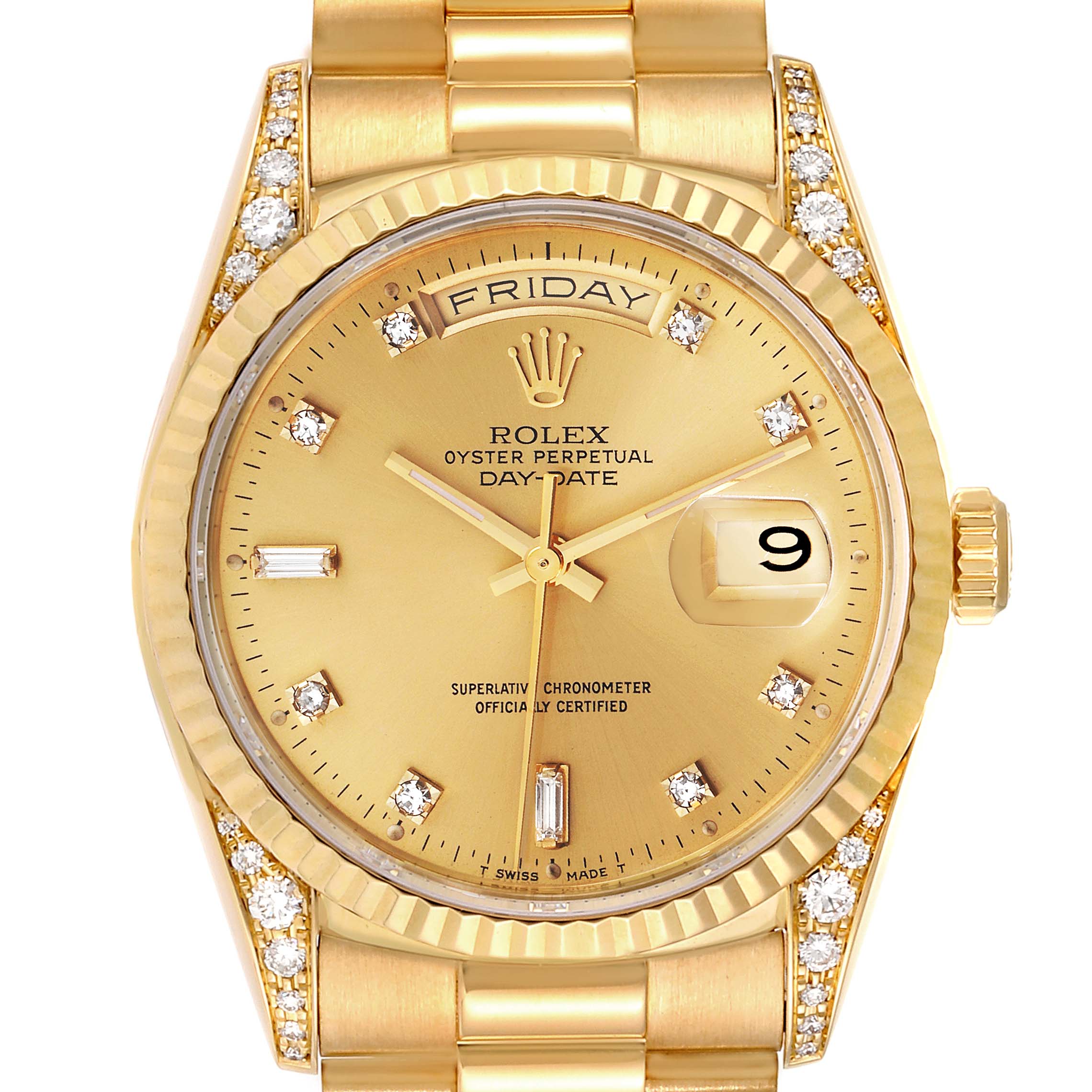 This image shows a frontal view of the Rolex President 18338 Men's Yellow Gold Champagne Dial 18338 Men's Yellow Gold Champagne Dial Oyster Perpetual Day-Date watch, highlighting the dial, bezel, and bracelet.