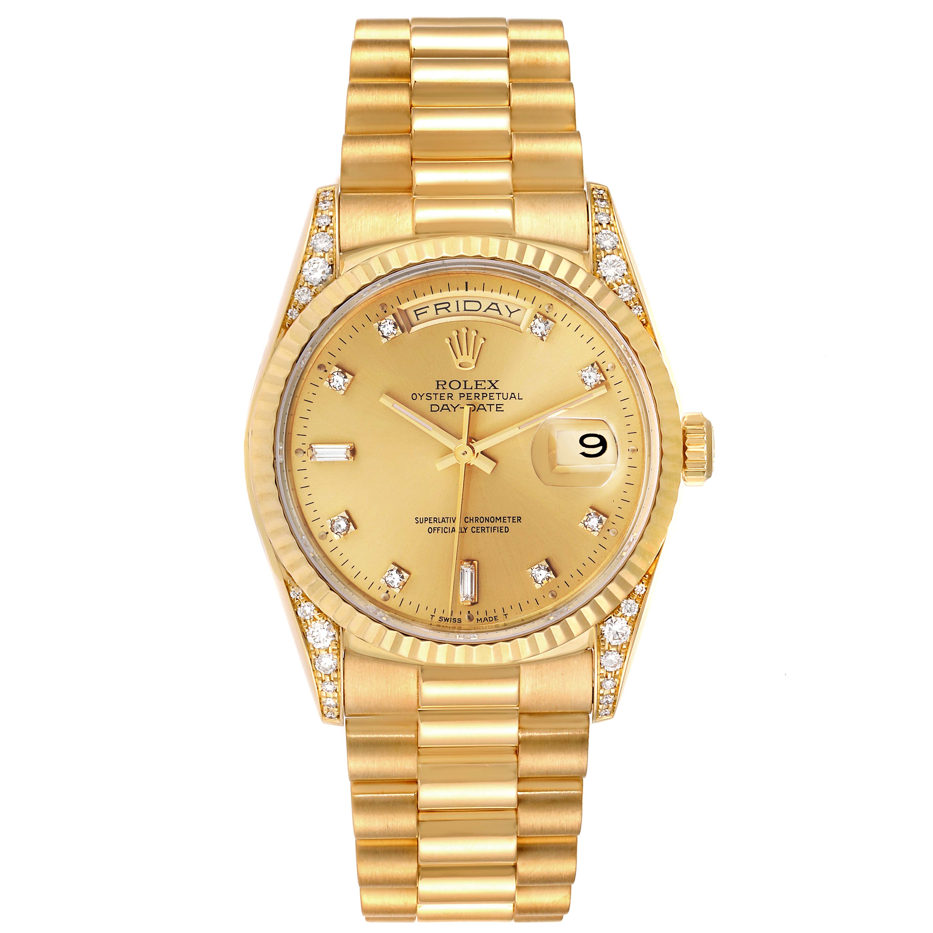The image shows the front view of the Rolex President 18338 Men's Yellow Gold Champagne Dial 18338 Men's Yellow Gold Champagne Dial model watch, displaying the face, bezel, and bracelet.