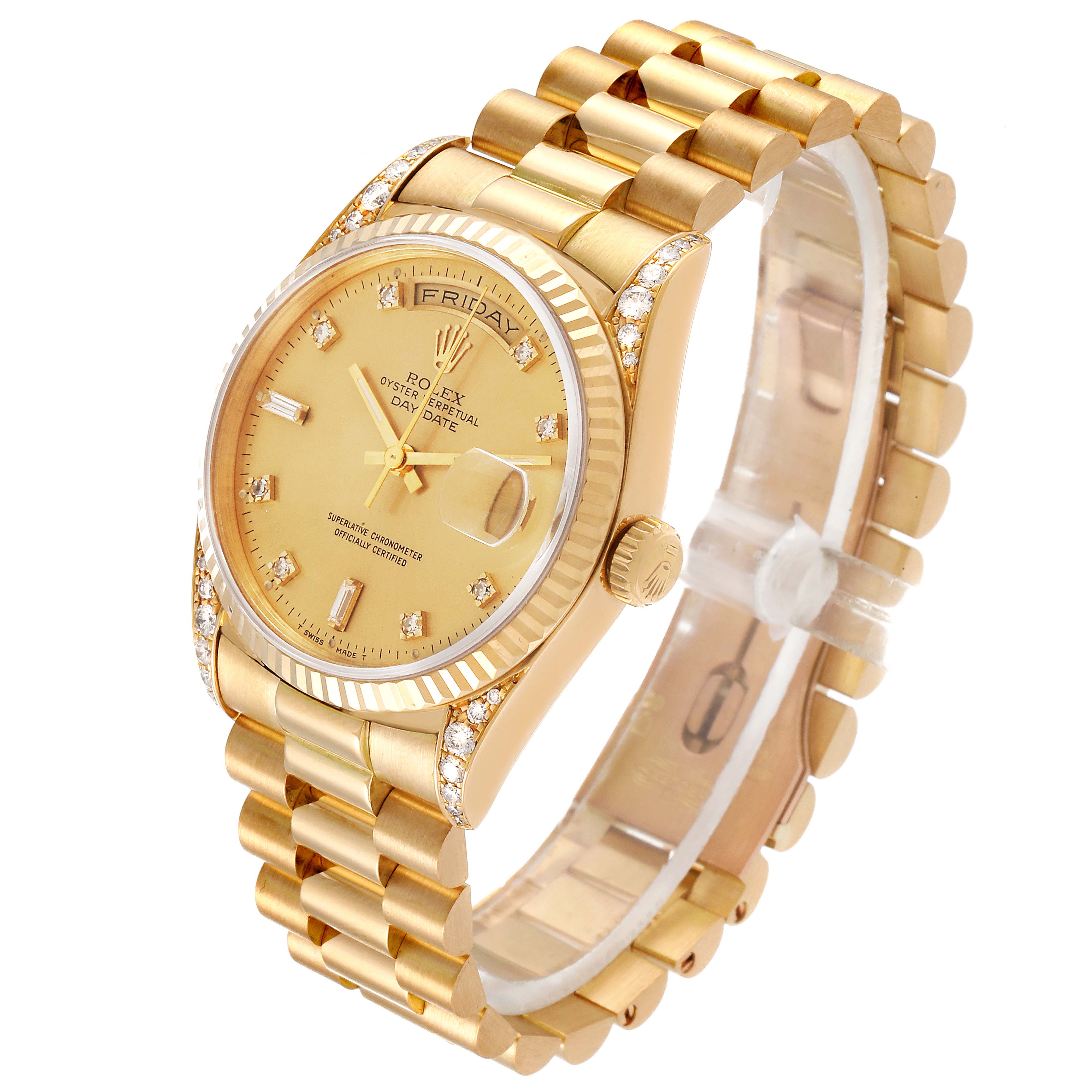 The image shows a gold Rolex President 18338 Men's Yellow Gold Champagne Dial 18338 Men's Yellow Gold Champagne Dial model watch from a side angle, highlighting its dial, bezel, crown, and bracelet.