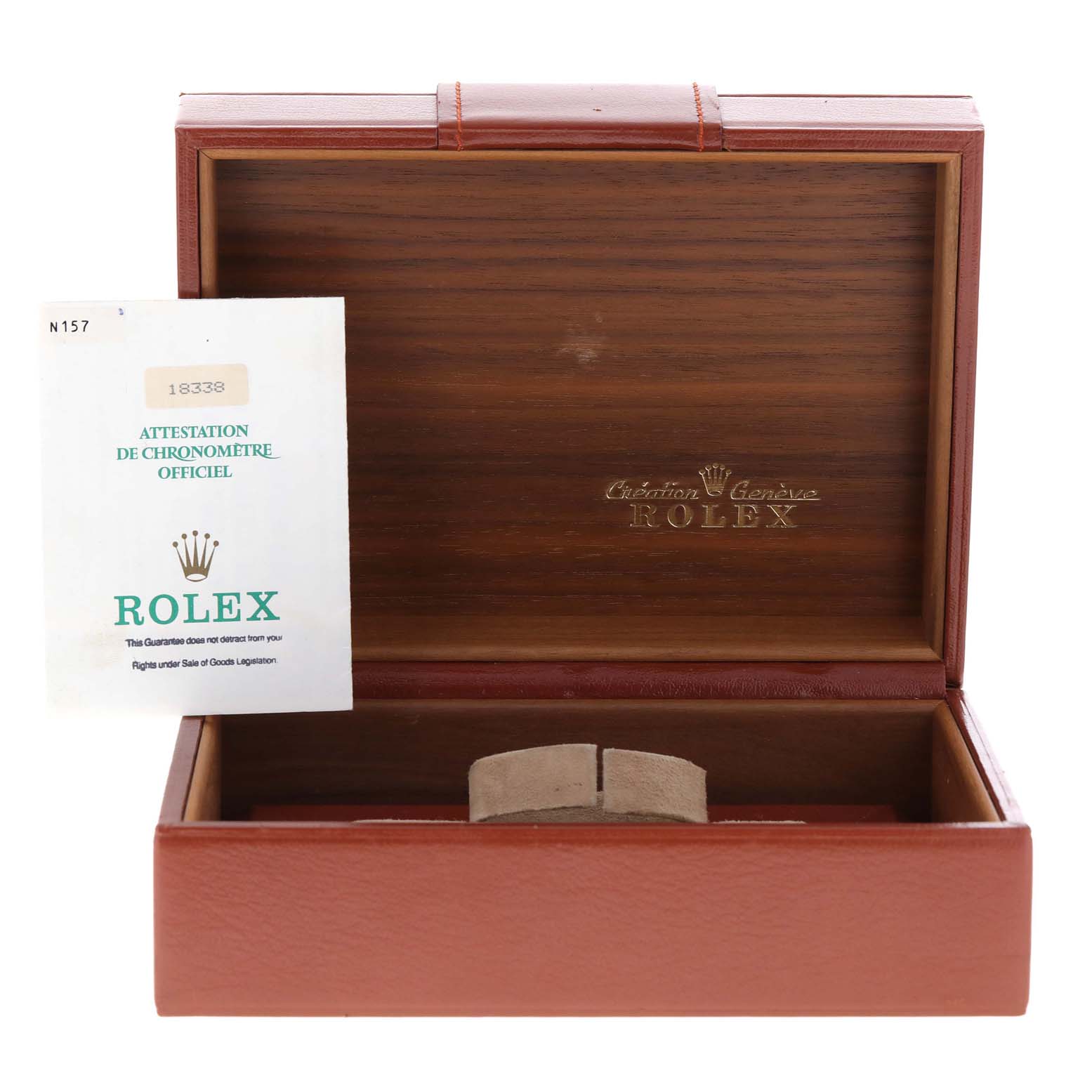 The image shows an open Rolex President 18338 Men's Yellow Gold Champagne Dial 18338 Men's Yellow Gold Champagne Dial model watch box with official documentation next to it.