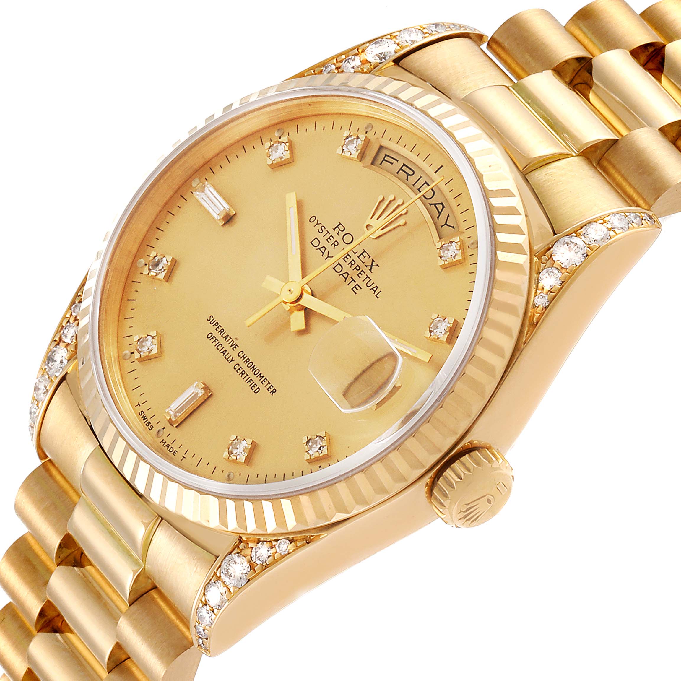 Rolex President Day Date Yellow Gold Diamond Lugs Watch 18338 Box ...