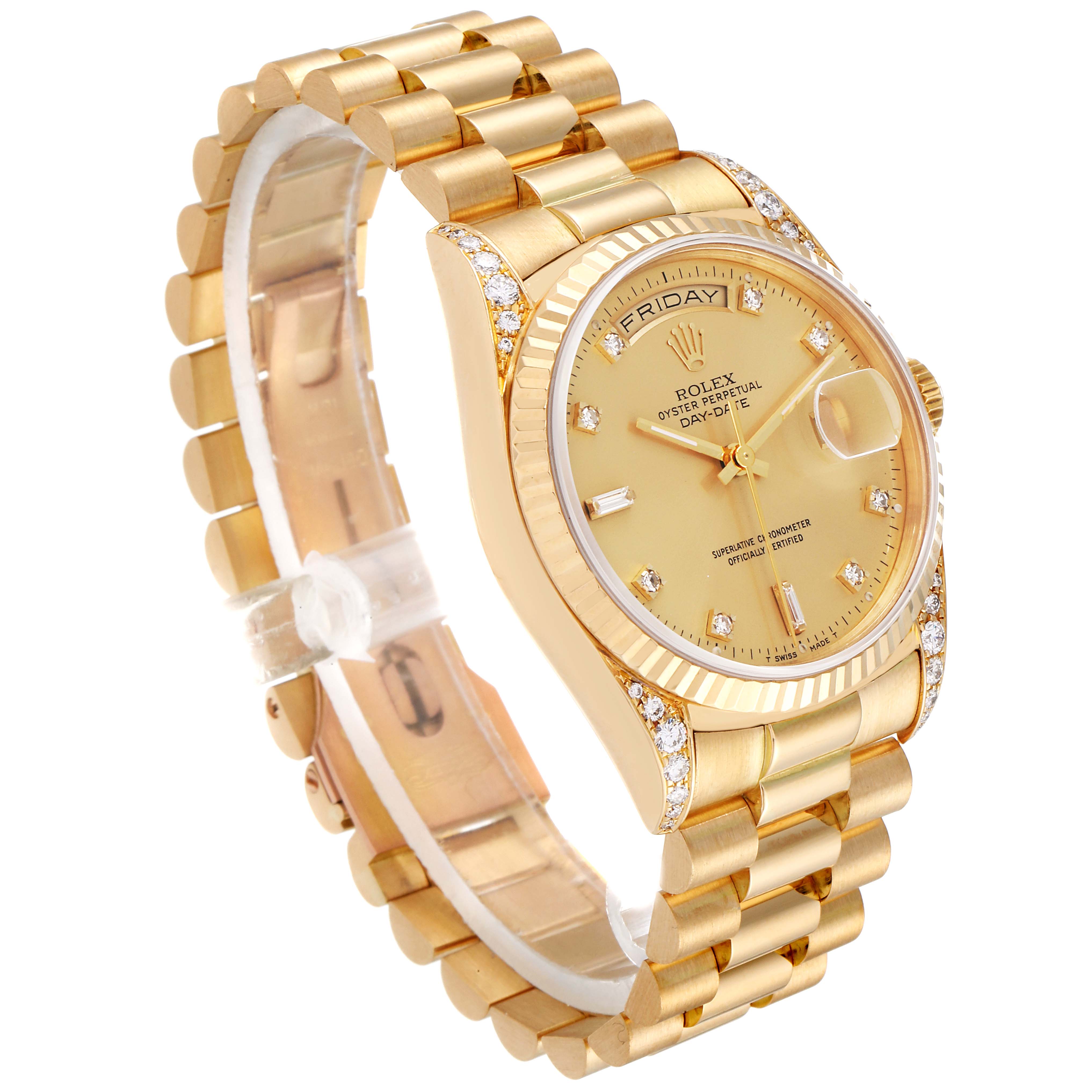 The image shows a side angle of a gold Rolex President 18338 Men's Yellow Gold Champagne Dial 18338 Men's Yellow Gold Champagne Dial model watch, depicting its bracelet, dial, and crown.