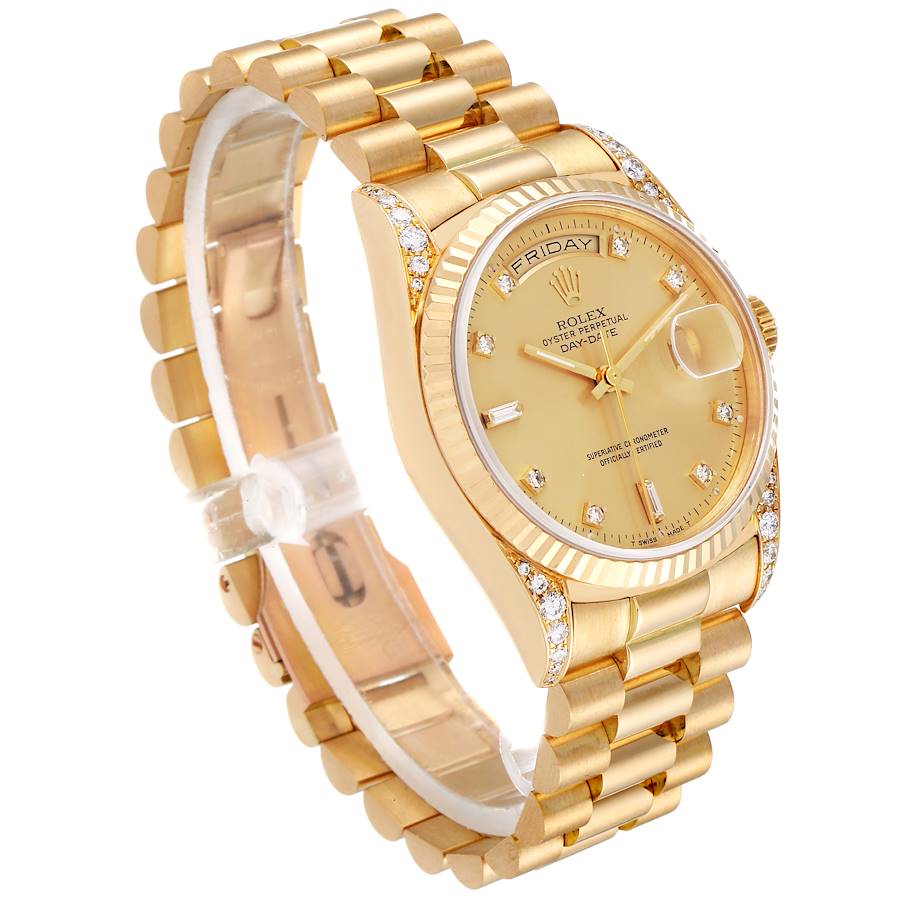 Rolex President Day Date Yellow Gold Diamond Lugs Watch 18338 Box