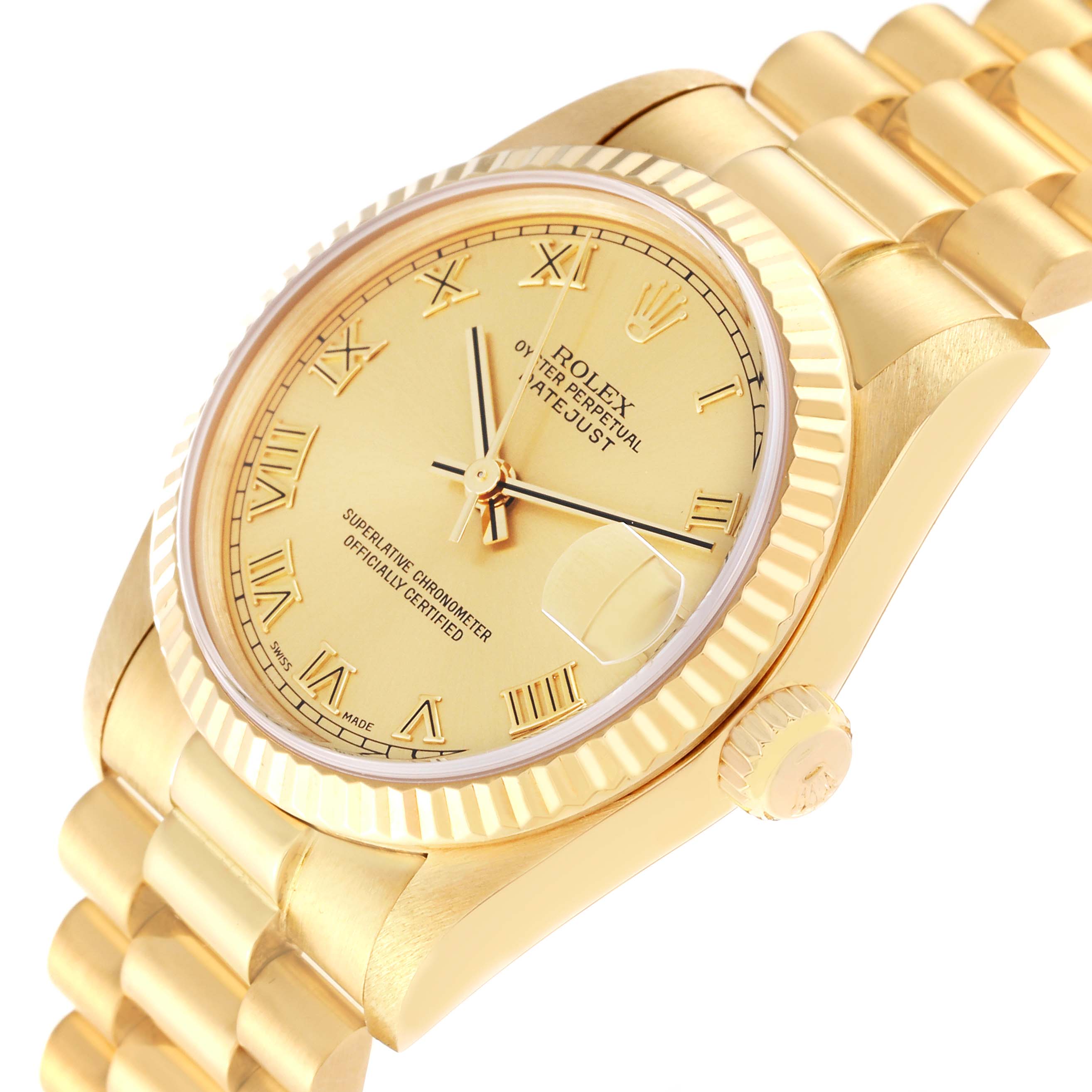 The image shows a close-up angle of a Rolex President 68278 Women
s Yellow Gold Champagne Dial 68278 Women
s Yellow Gold Champagne Dial model watch, highlighting the gold dial, fluted bezel, and bracelet.