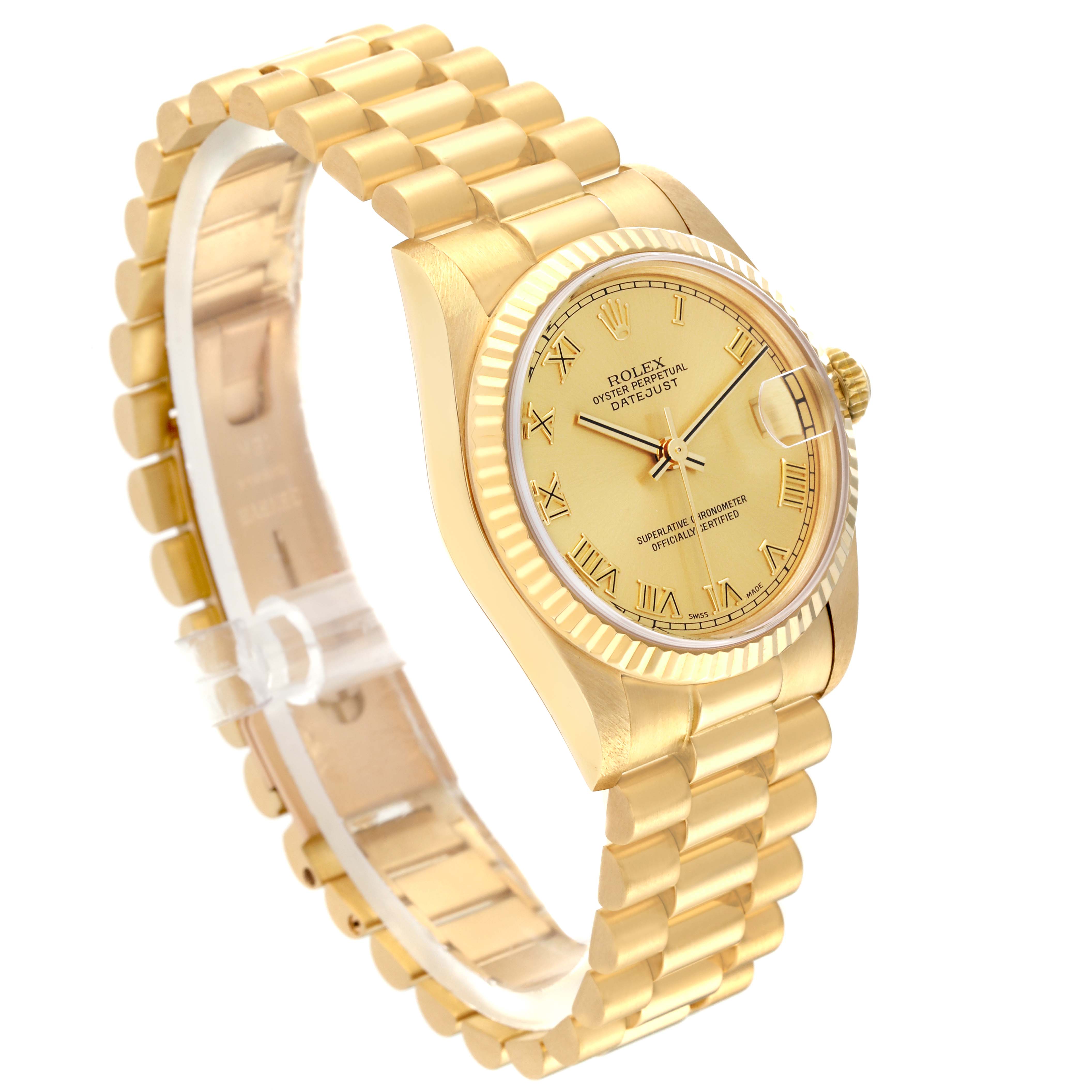 The image shows a President model Rolex watch at a slight side angle, highlighting the bracelet, bezel, and dial.